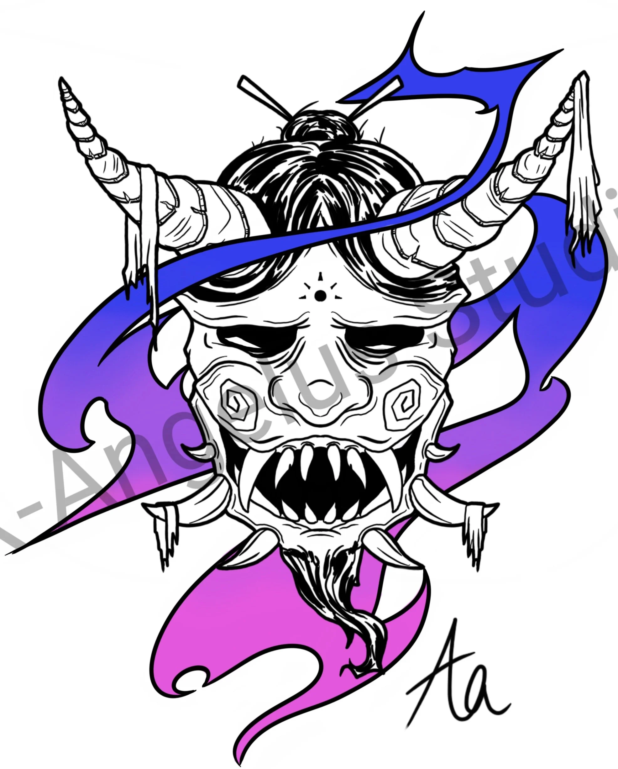 Drawing of a fierce animal skull with horns, surrounded by swirling shapes, in black and white with purple and blue accents, and the word 'Aqua' written at the bottom.