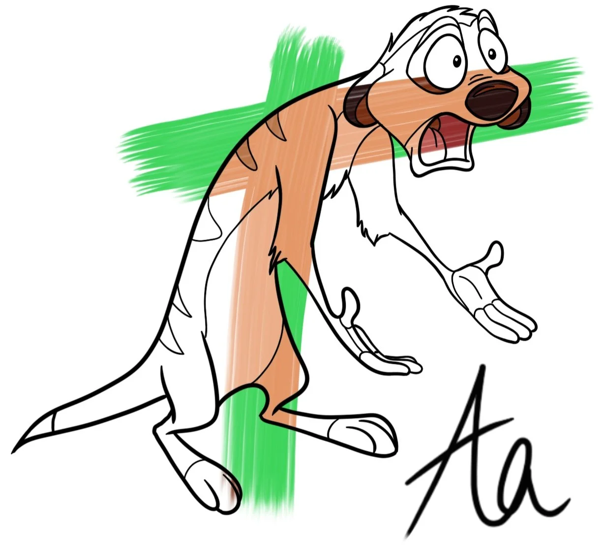 Colorful drawing of a surprised or scared hound dog with green grass background and the letter 'A' written at the bottom right.