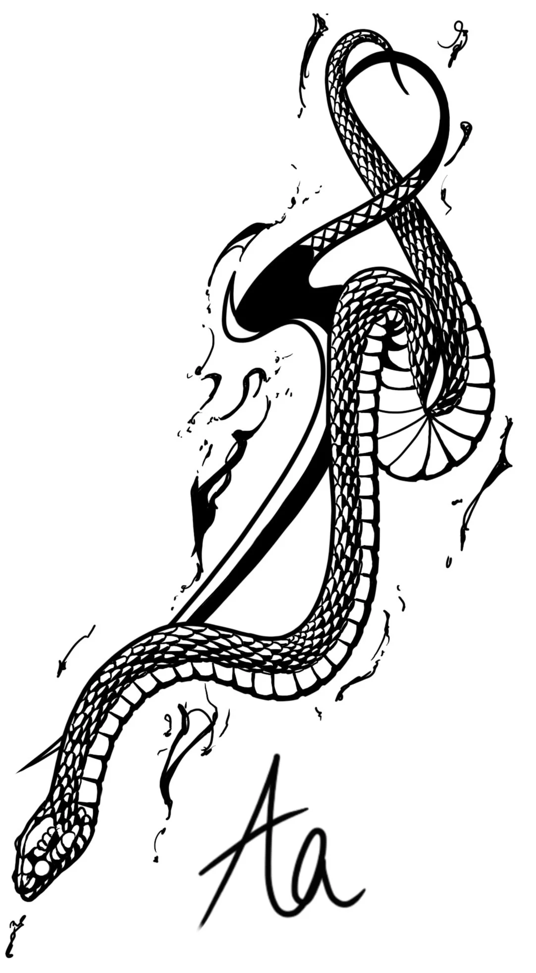 Black and white illustration of a snake intertwined with a stylized anchor and the initials 'Aa' at the bottom.