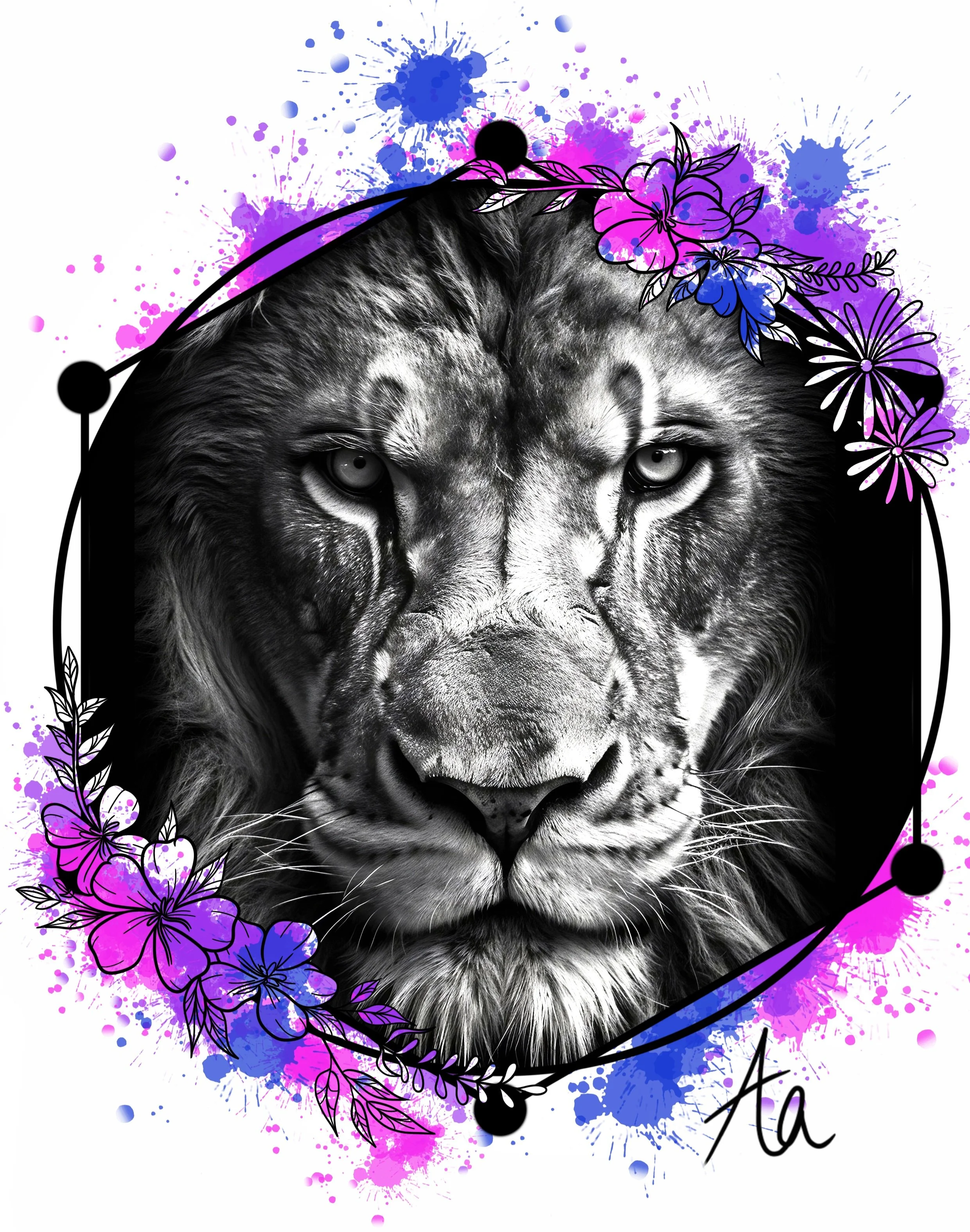 A black and white illustration of a lion's face with intense eyes surrounded by colorful splashes and floral line art in purple, pink, and blue, with part of a handwritten signature reading 'Ala'.