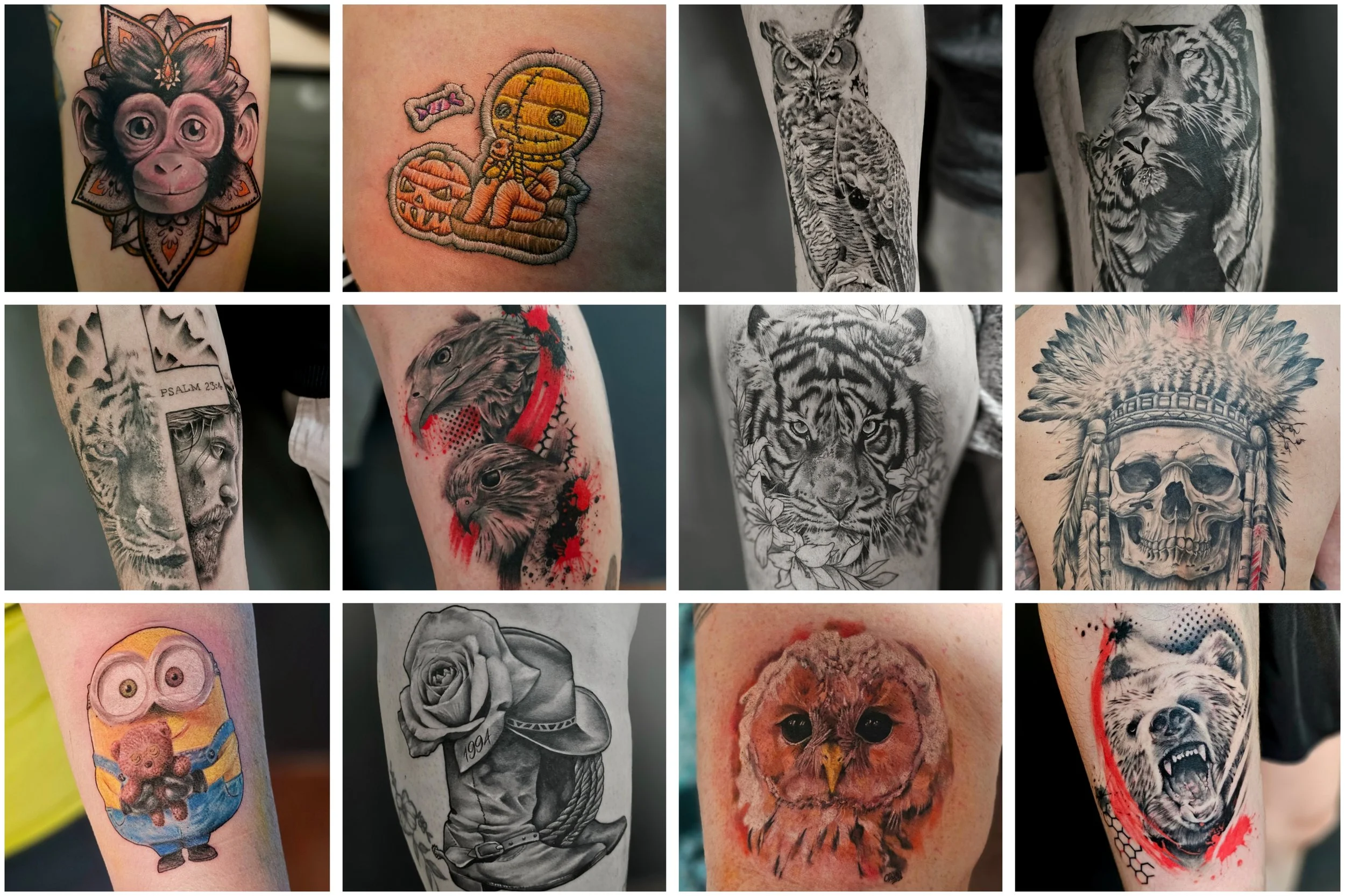Collection of various tattoos including a monkey face with decorative elements, a stitched-up mummy, a tiger, a panther, an eagle, a lion, a Native American headdress with skulls, a teddy bear, and other animal and portrait tattoos.