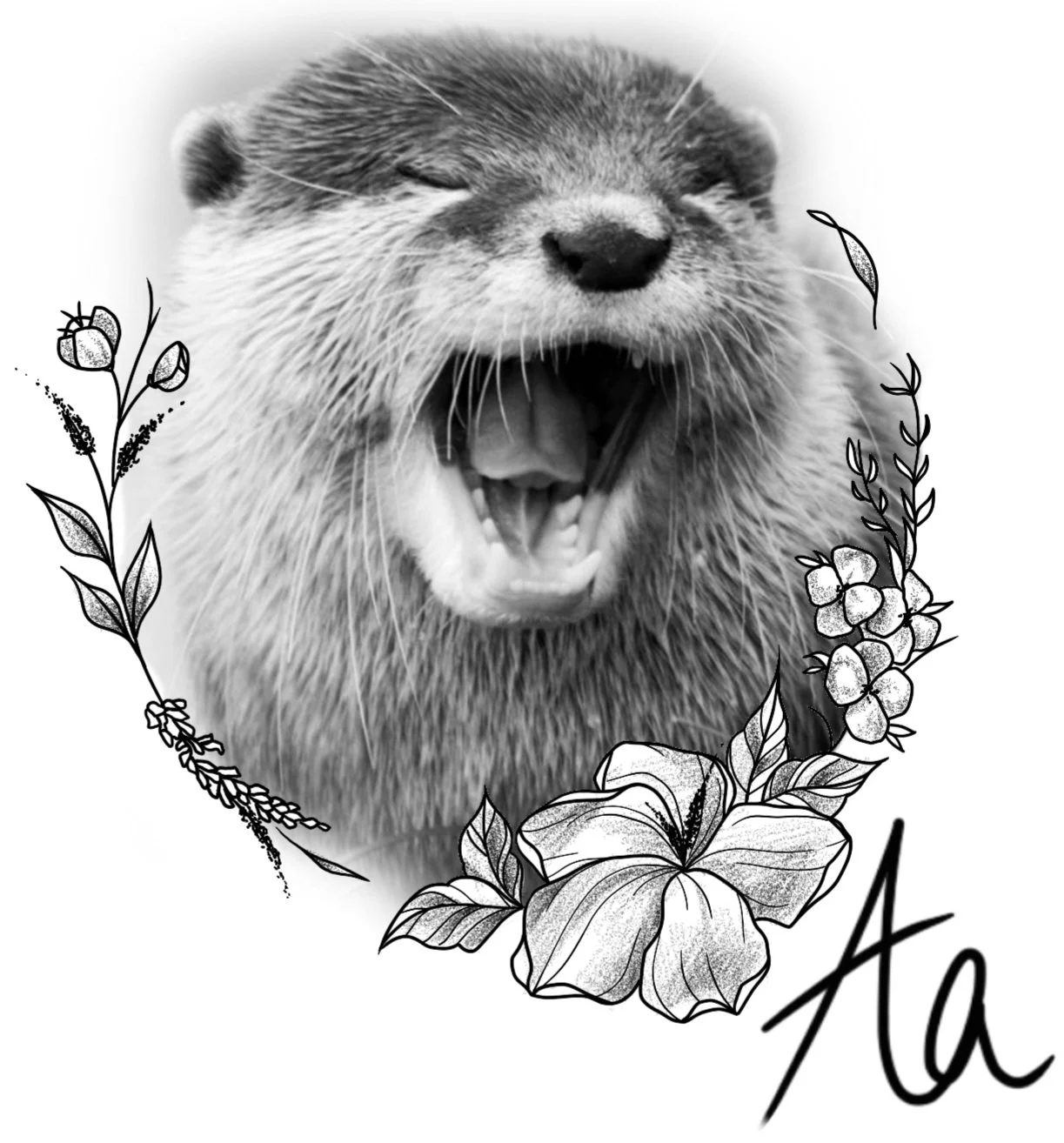 A black and white photograph of a yawning otter surrounded by floral illustrations and the letter 'A' in script.
