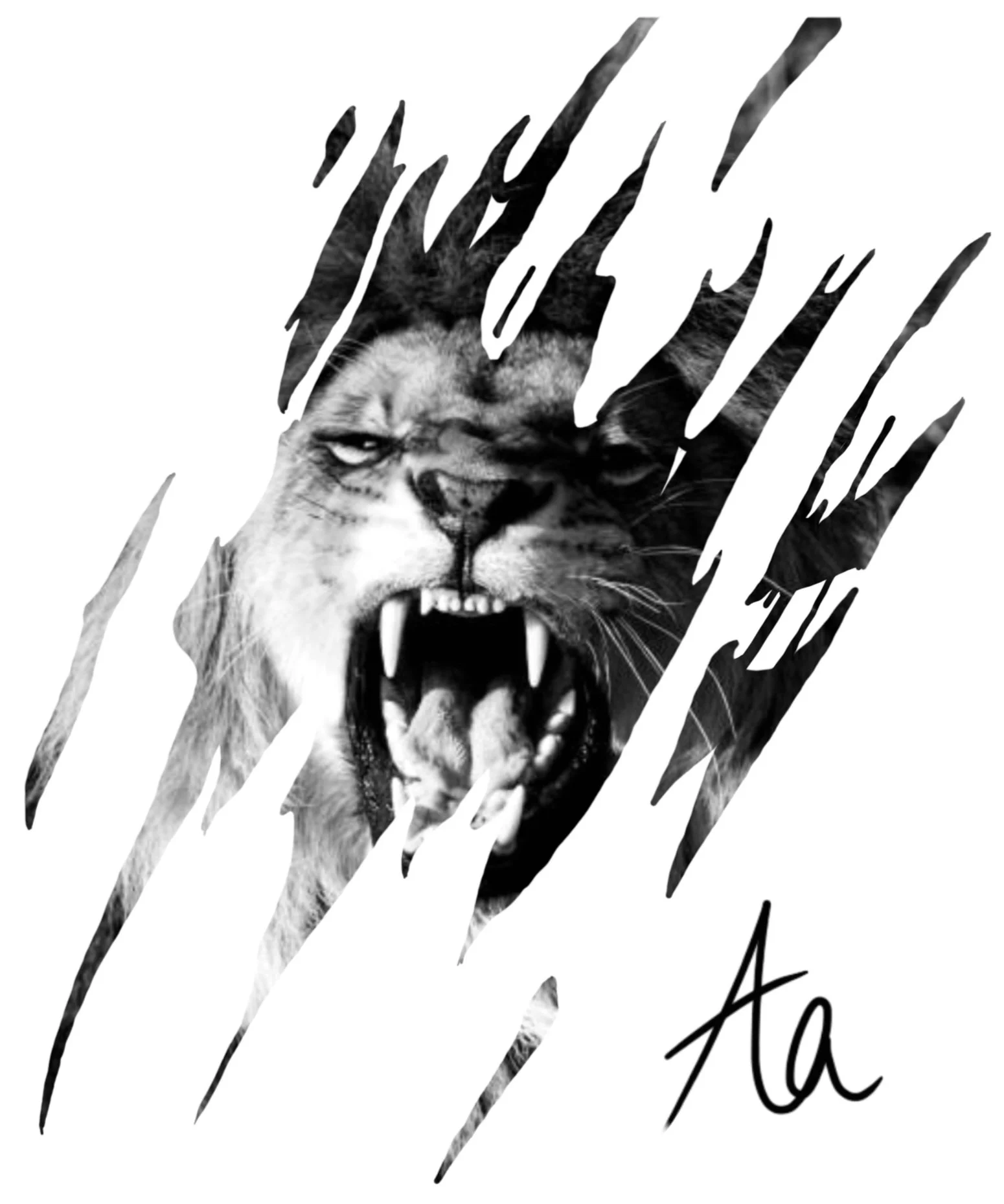Black and white graphic featuring an aggressive snarling mountain lion, overlaid with jagged diagonal lines and partially obscured cursive text.