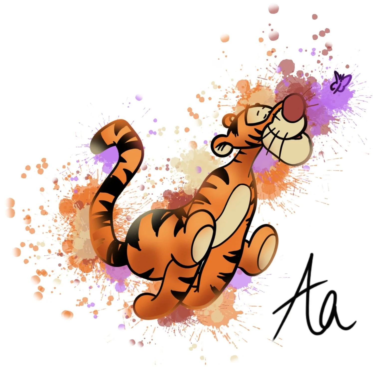 Cartoon tiger sitting with a purple butterfly near its nose, with colorful splashes in the background and signature in the bottom right.
