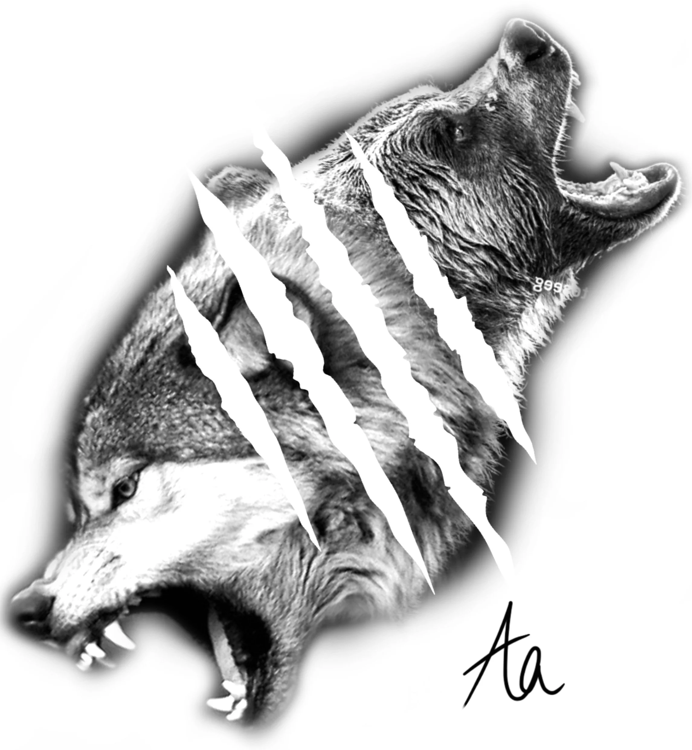Black and white digital illustration of a howling wolf with torn paper effect and stylized signature.