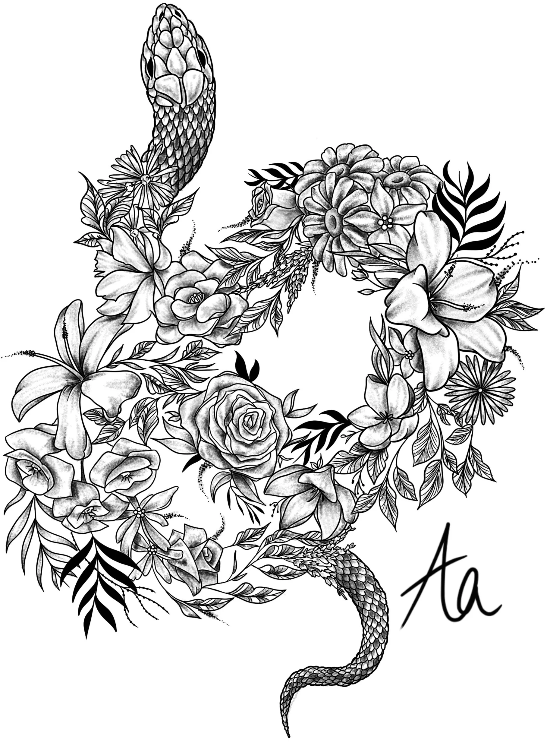 Black and white drawing of a snake intertwined with various flowers and leaves, with a signature near the bottom right.