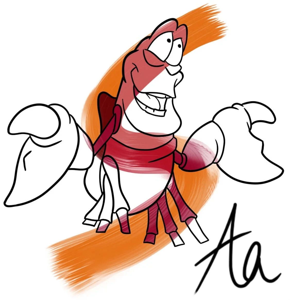 A drawing of a cartoon character with a big smile, wearing a cape, with open arms, and the letters 'A a' written on the bottom right.