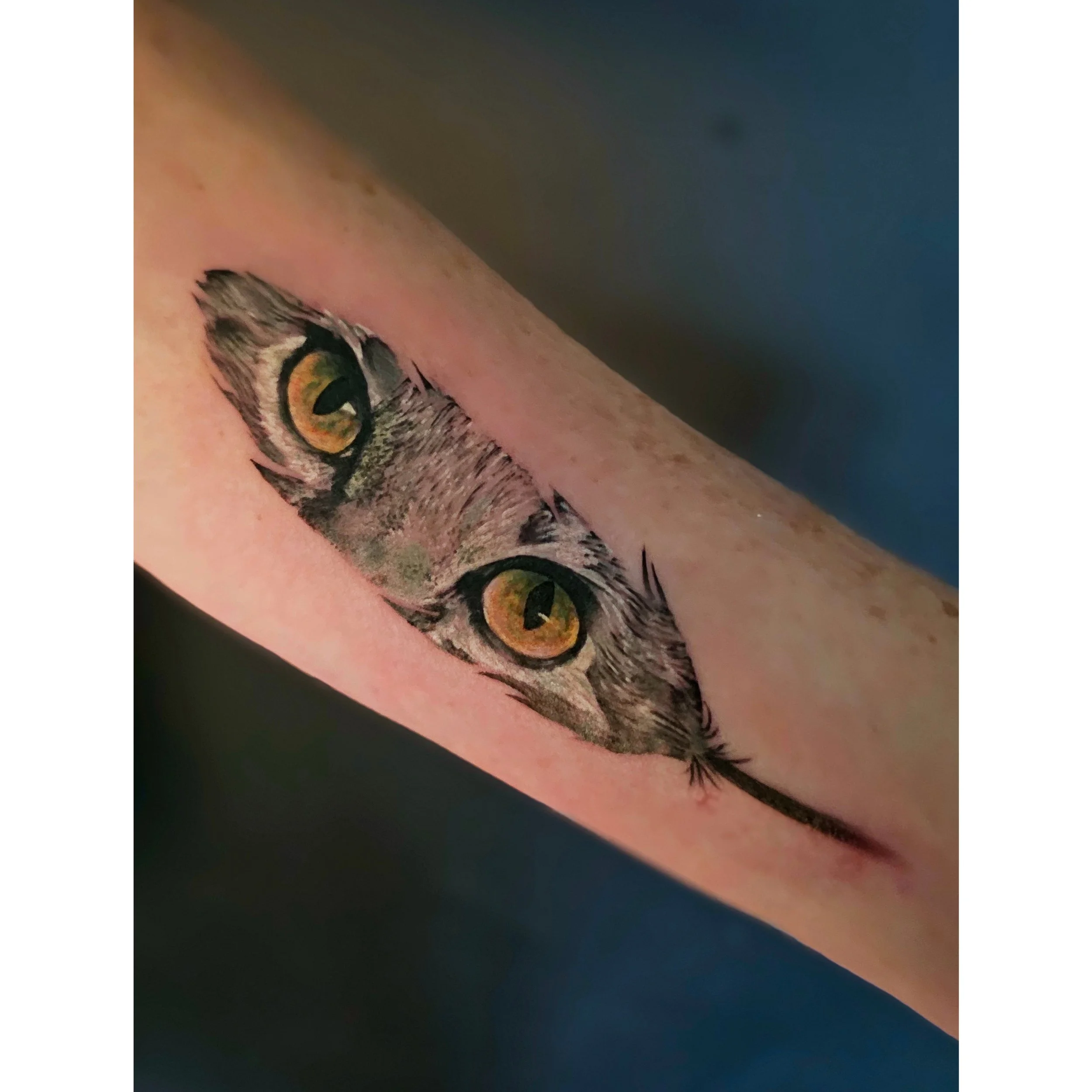 Close-up of a tattoo of a cat's eye on a person's skin.