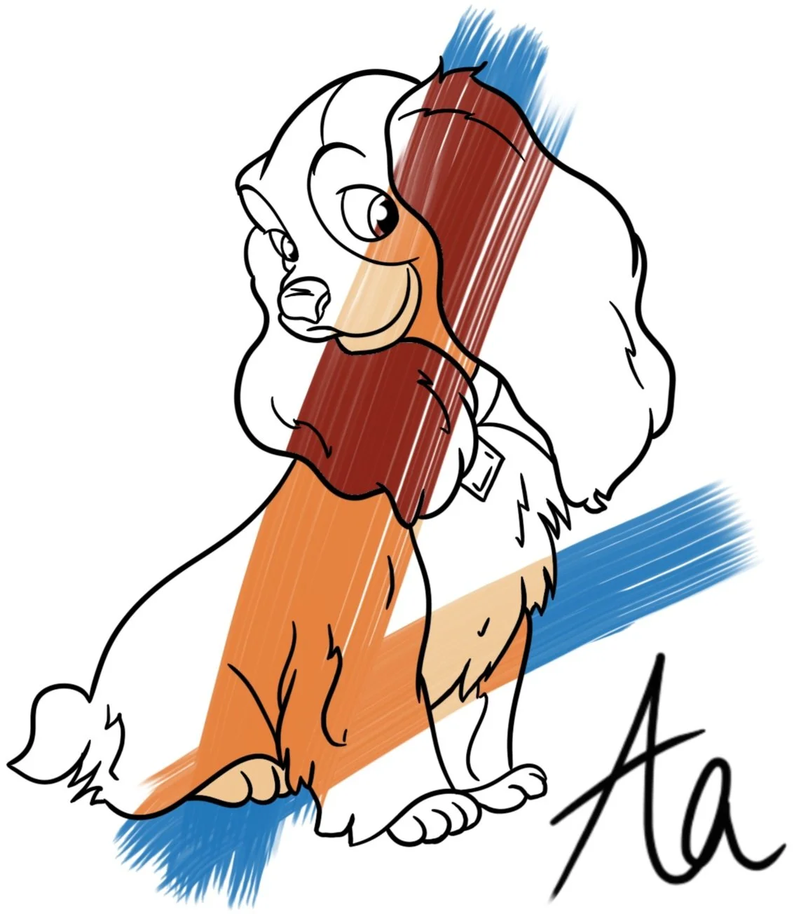 A cartoon illustration of a dog with a large paintbrush overlapping its face, with blue and brown strokes in the background, and the letters "Aa" in the bottom right corner.