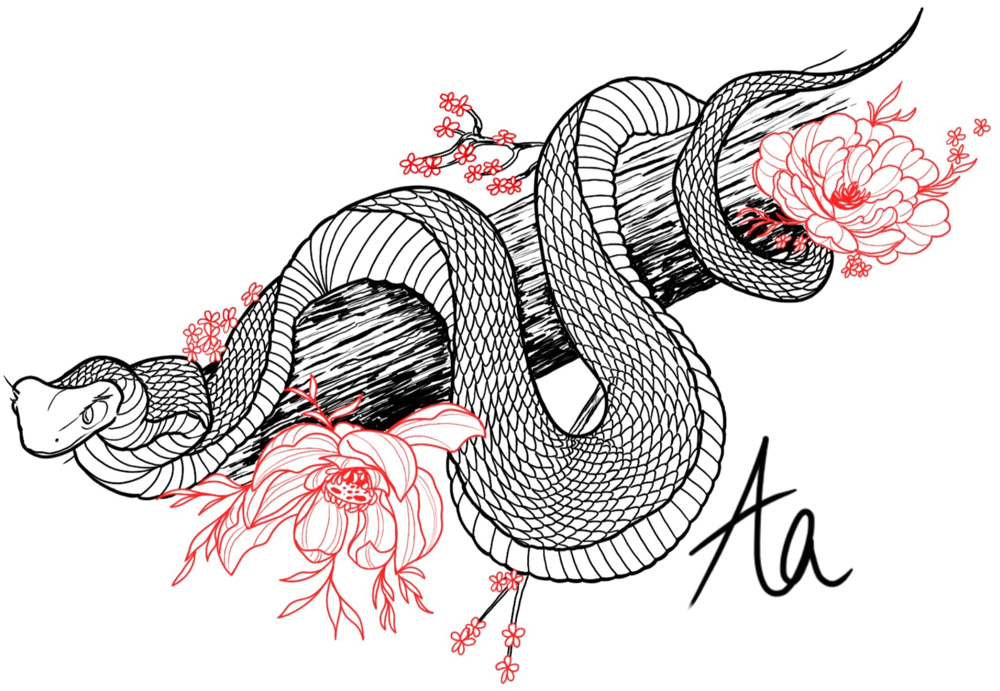 Illustration of a snake intertwined with flowers, some in red outline.