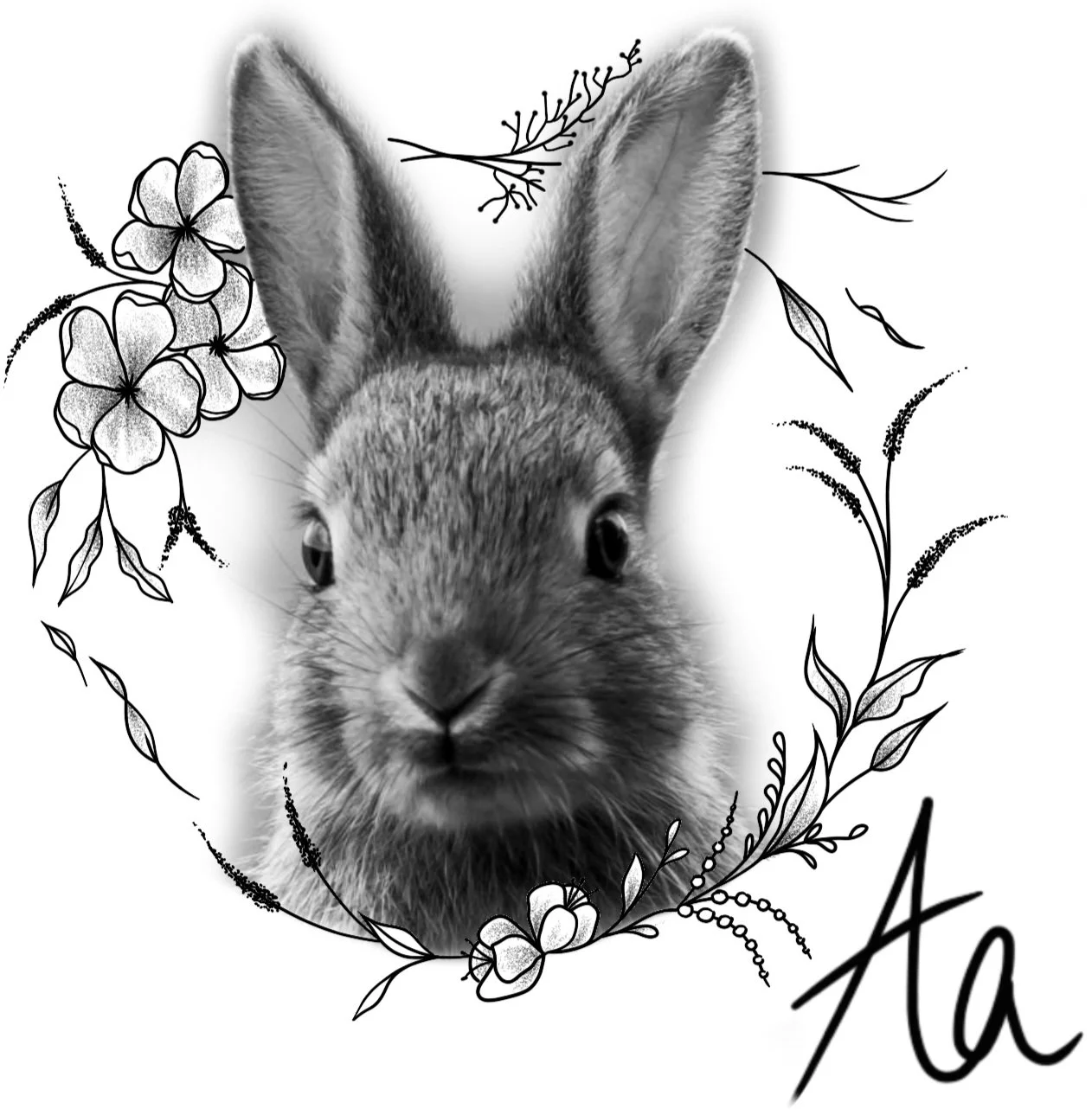 Black and white illustration of a rabbit's face surrounded by flowers and leaves, with the initials 'Aa' at the bottom right corner.