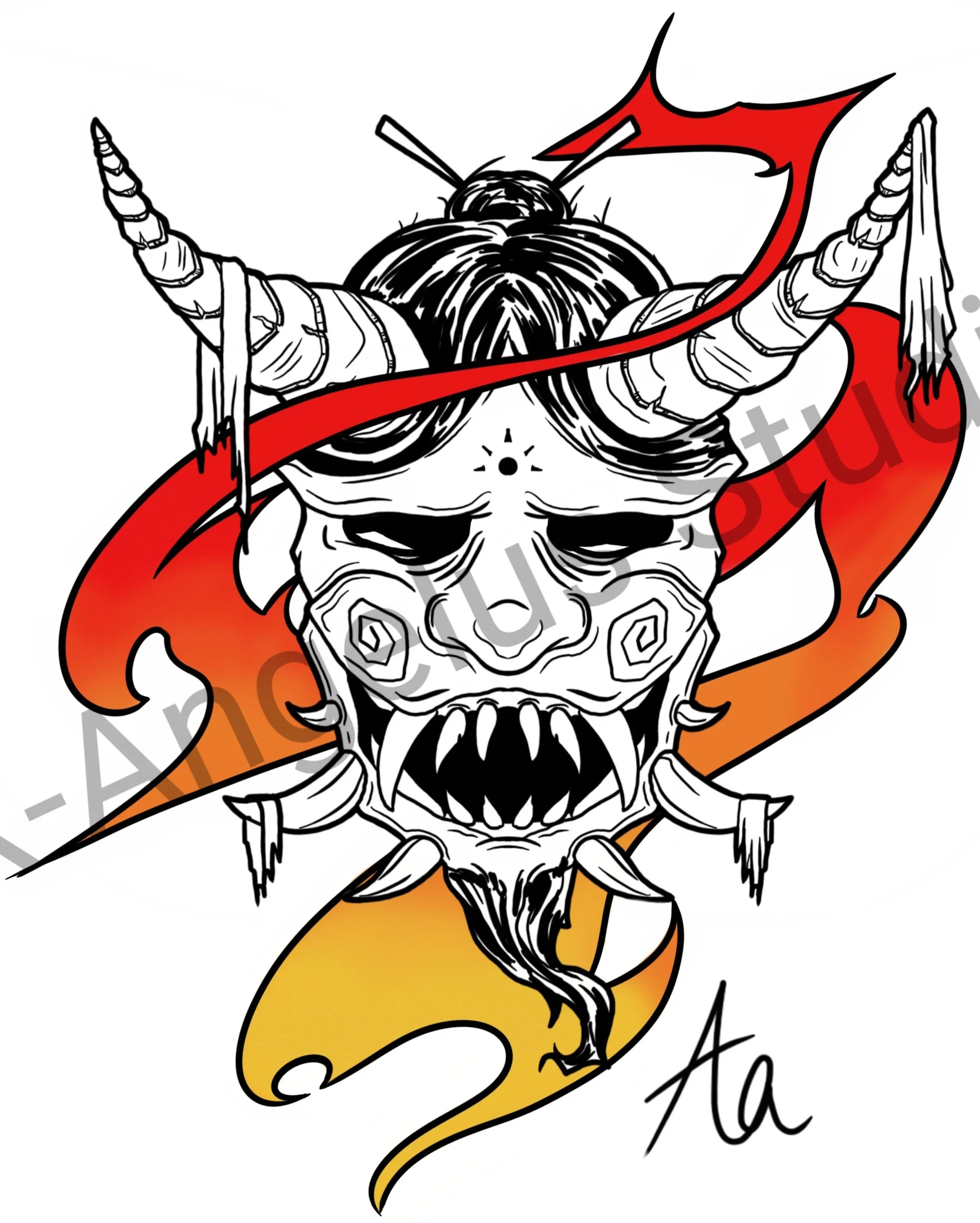 Illustration of a fierce warrior skull with a long beard, horns, and a red cloak, holding a sword with a red flame-like design, and the background fading from yellow to red.