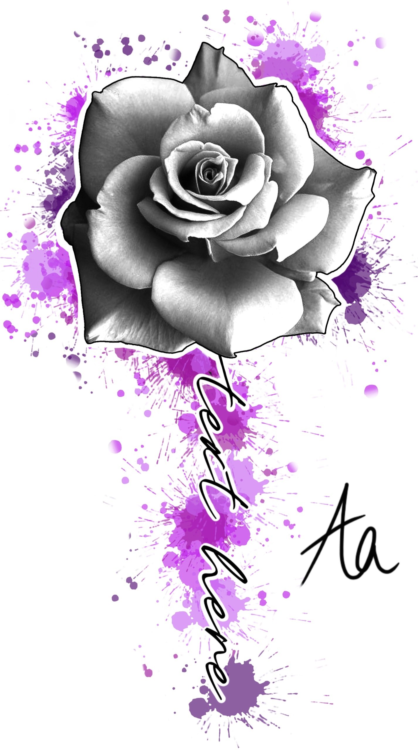 A grayscale rose with purple paint splashes in the background and the words 'reina de mi corazón' written vertically with an artistic font.