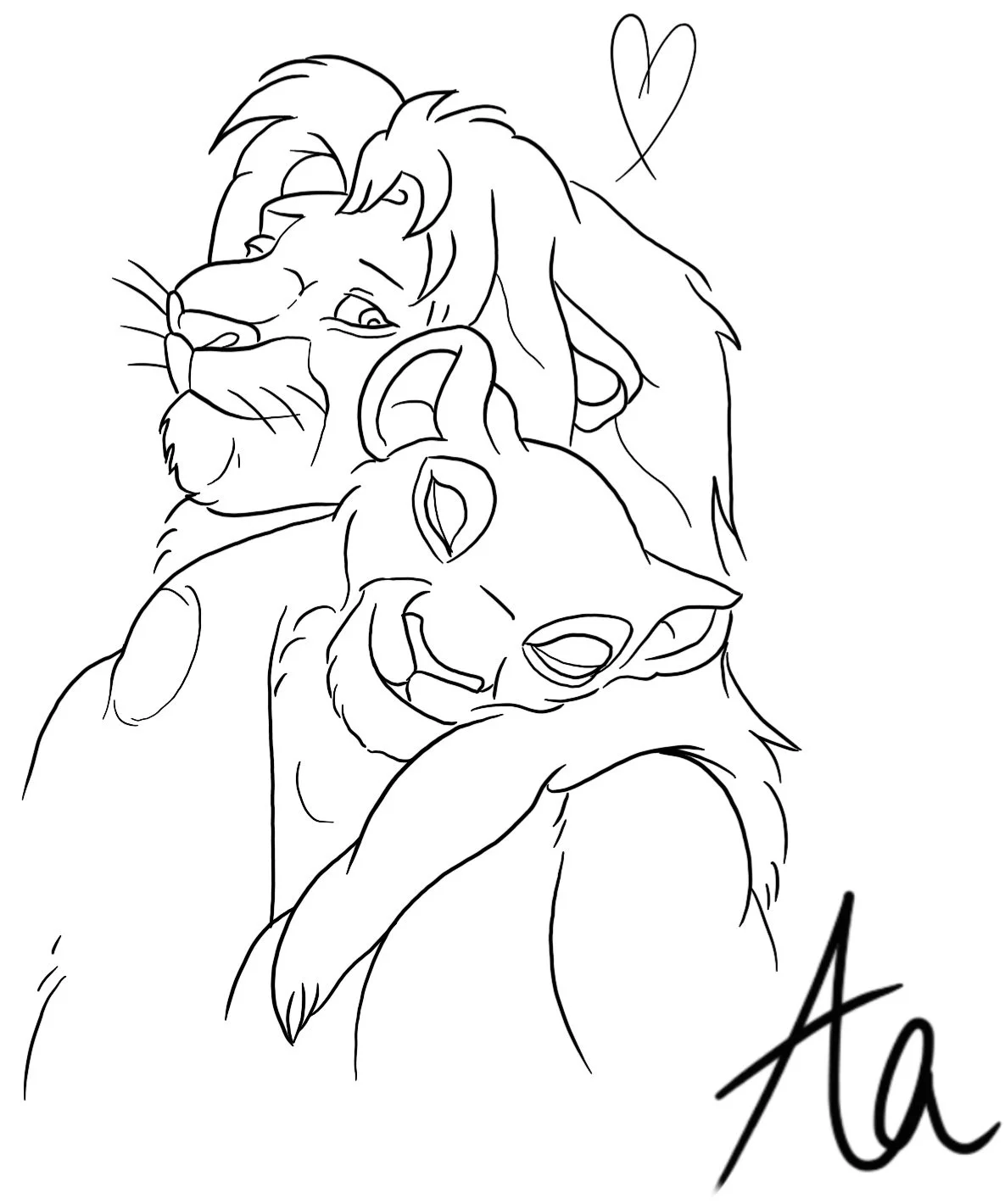 Line drawing of a lion and a wolf hugging, with a heart above them and a signature in the bottom right corner.