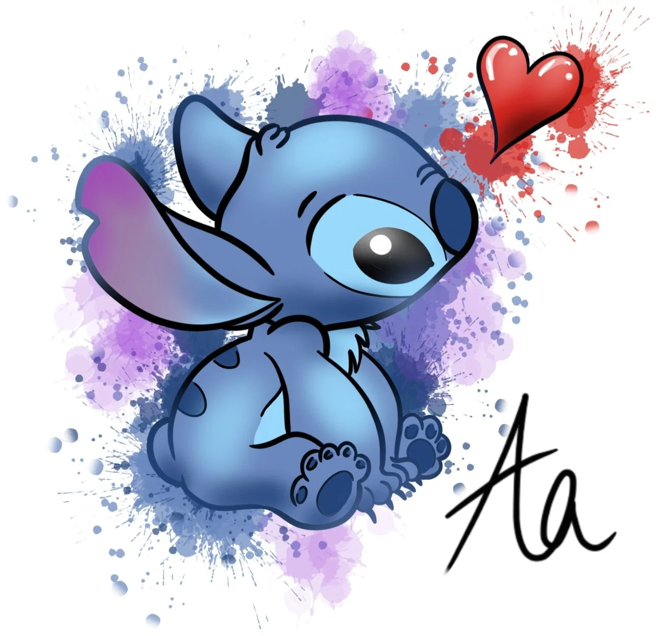Cartoon of a small blue creature with large eyes, sitting with legs crossed, a small smile, and a red heart floating nearby against a colorful ink splatter background, with the name 'Ava' written in black script.