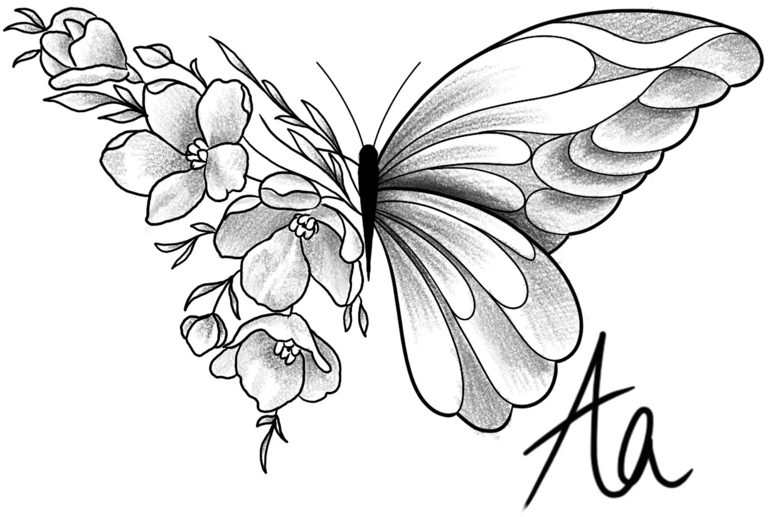 Black and white drawing of a butterfly with detailed wings and flowers on one side, accompanied by the stylized letter "A".