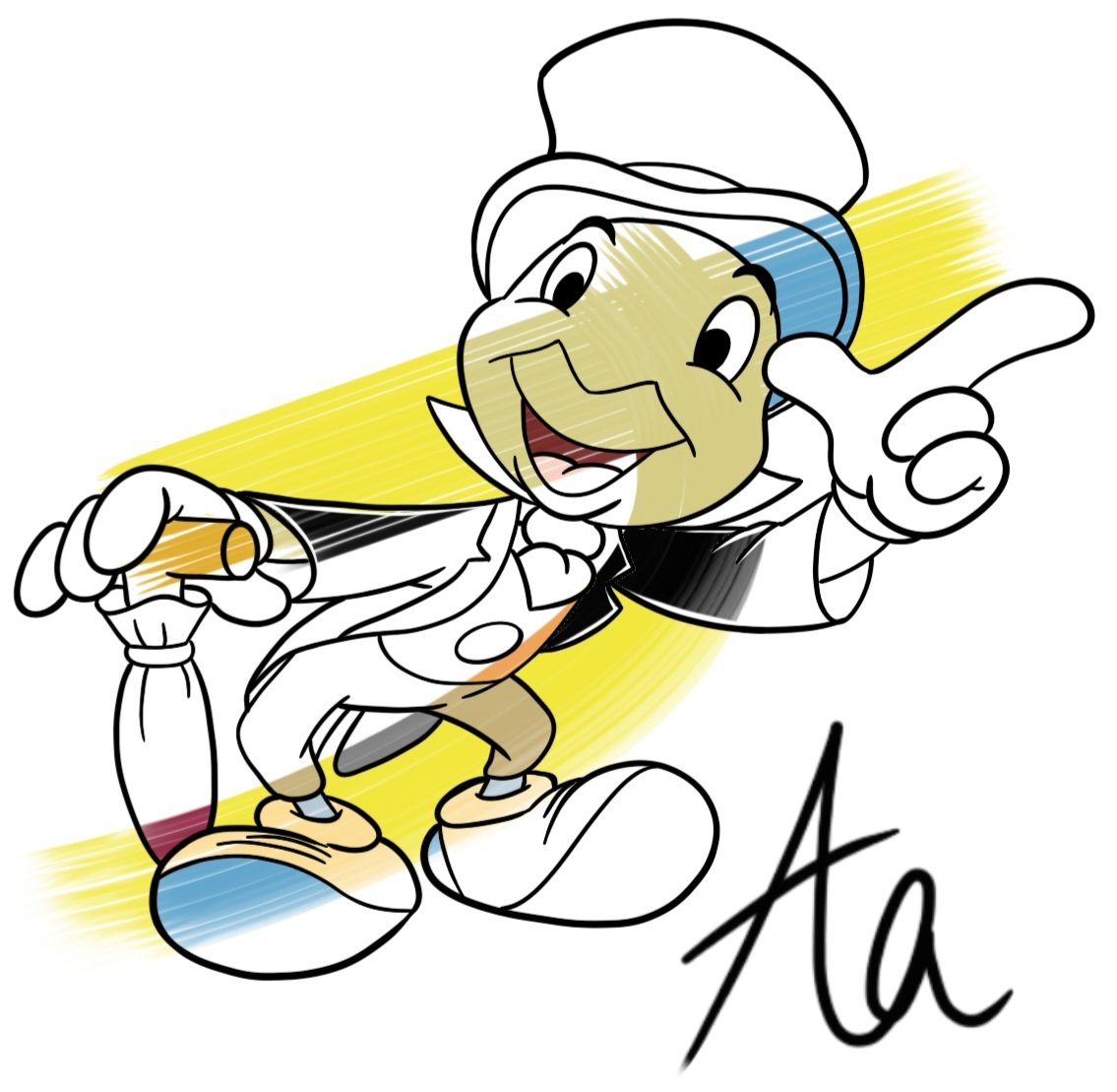 Colorful cartoon drawing of a cartoon mouse character wearing a white hat, white shirt, and beige shoes, holding a microphone, with a yellow background and the signature 'A'.