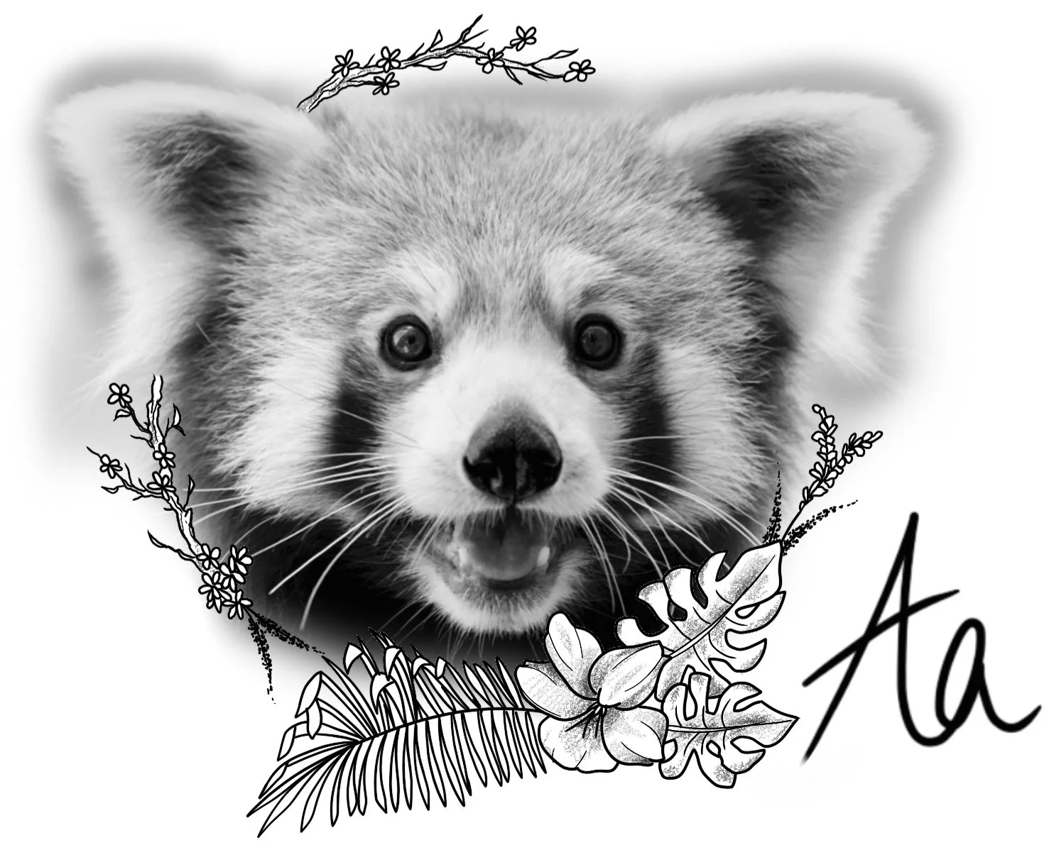 Black and white illustration of a cute puppy's face, surrounded by tropical leaves, flowers, and branches, with the text 'A' and 'a' in the bottom right corner.