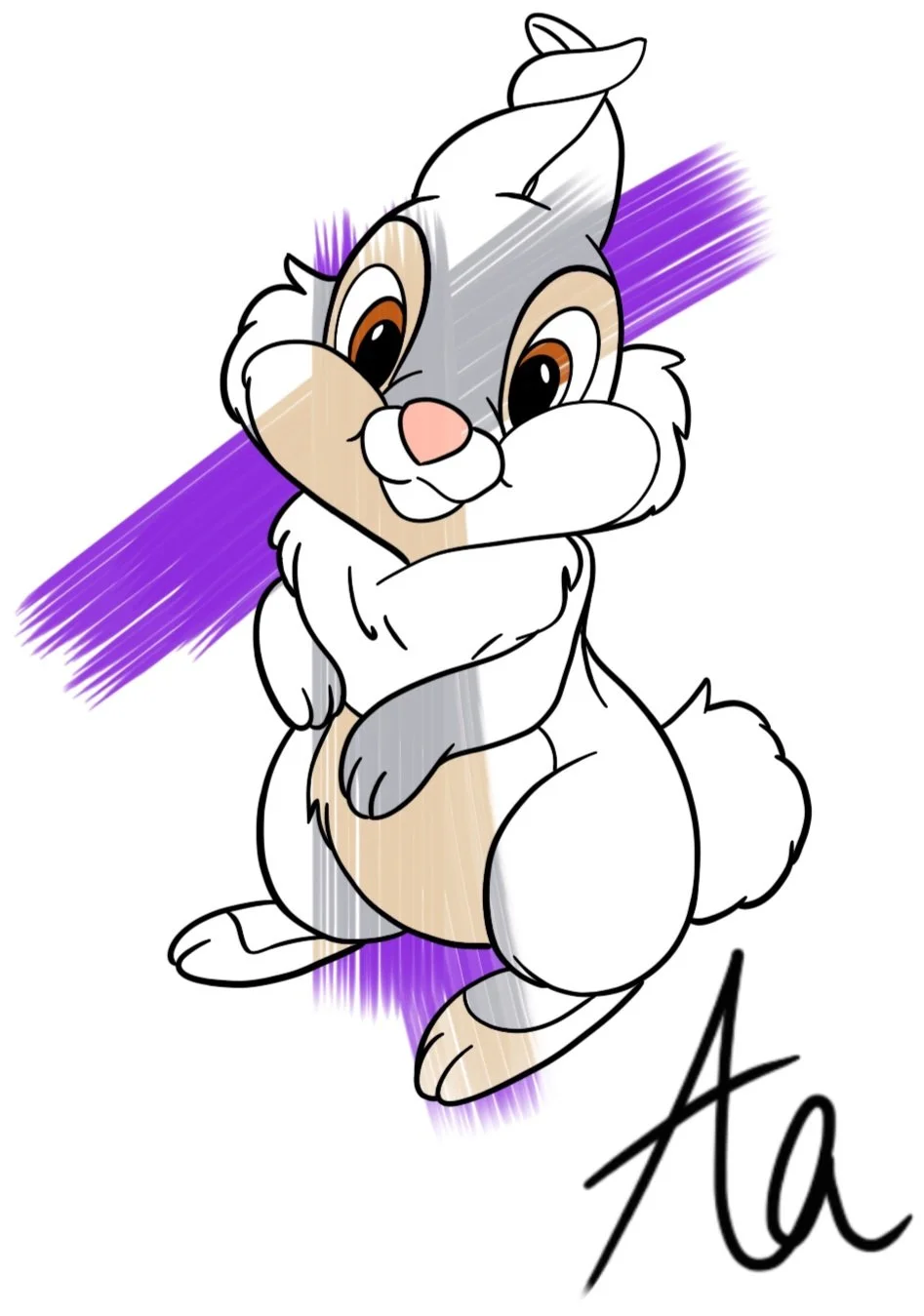 A cartoon drawing of a cheerful gray and white puppy with brown eyes and a pink nose, sitting and wagging its tail with purple streaks in the background, and a handwritten signature at the bottom right that reads "At".