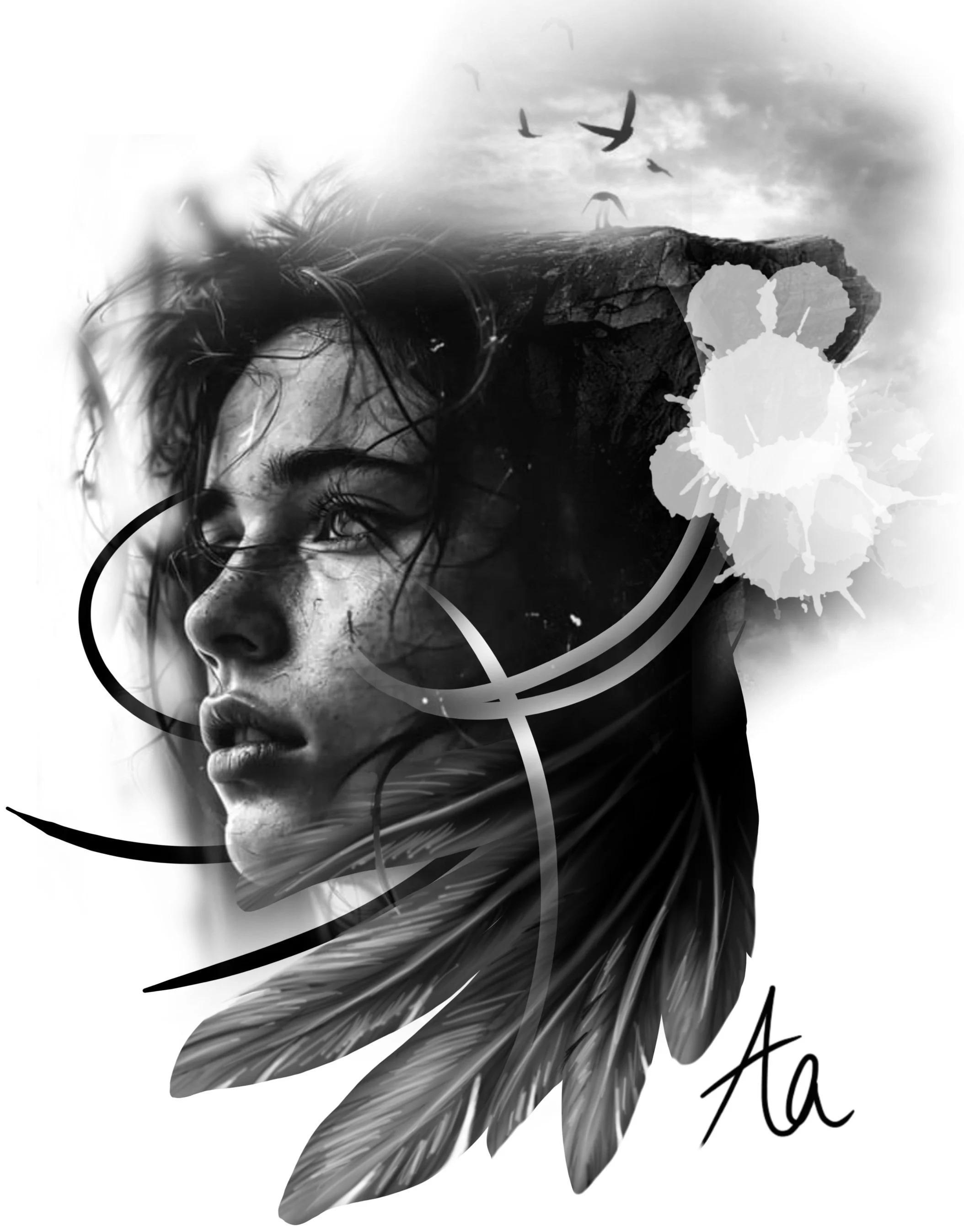 A black and white digital artwork featuring a woman's face with long, flowing hair, overlaid with abstract shapes, ink splashes, and flying birds in the sky