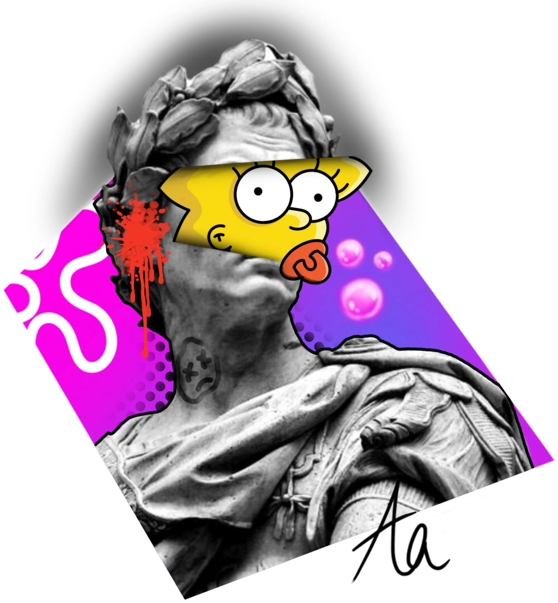 A black and white image of the Statue of David's head with cartoon patches added, including a yellow cartoon face with large eyes and a pacifier, surrounded by pink and purple abstract backgrounds and design elements, with some red splatter effects.