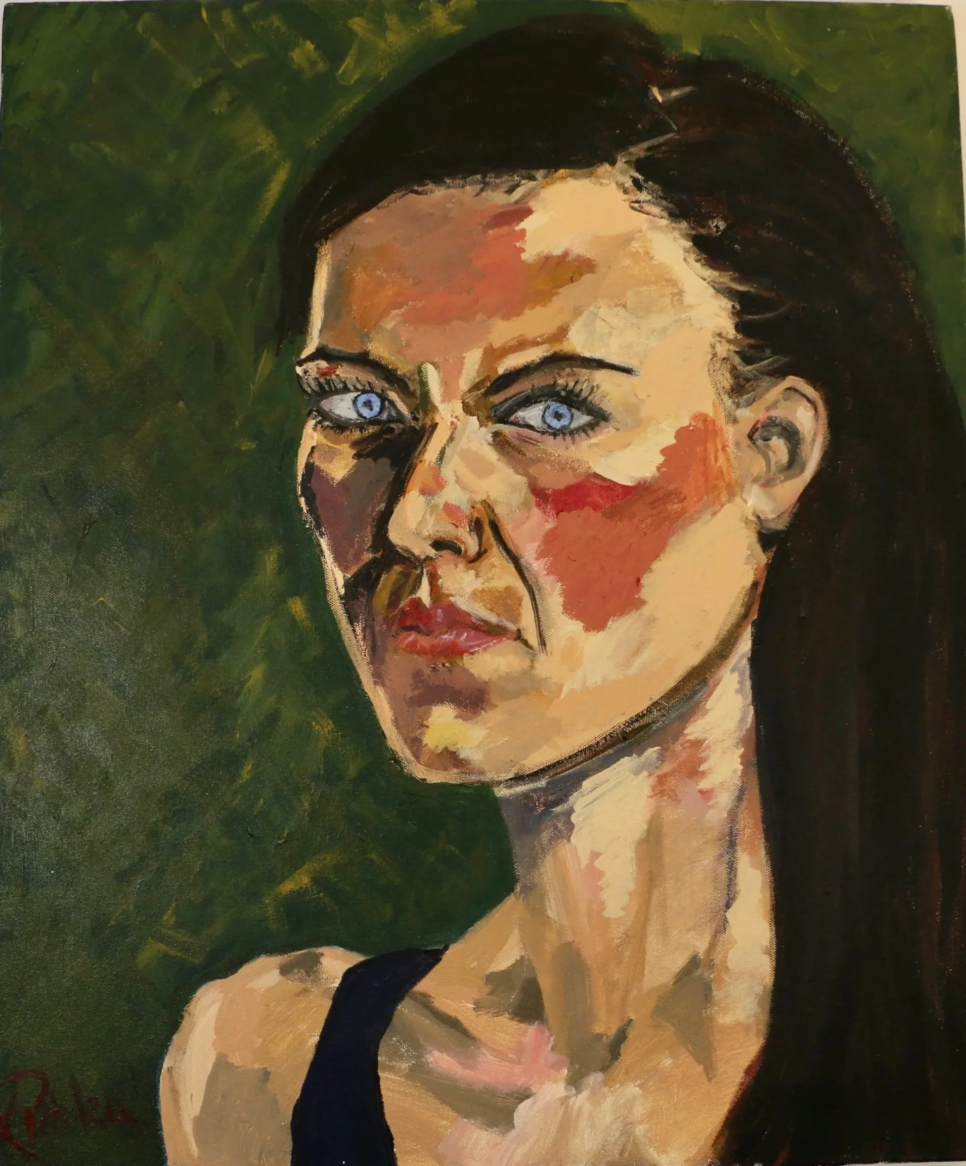 Expressive self- portrait of Kaaia Peterka showing a blue-eyed woman with long dark hair against a deep green background.