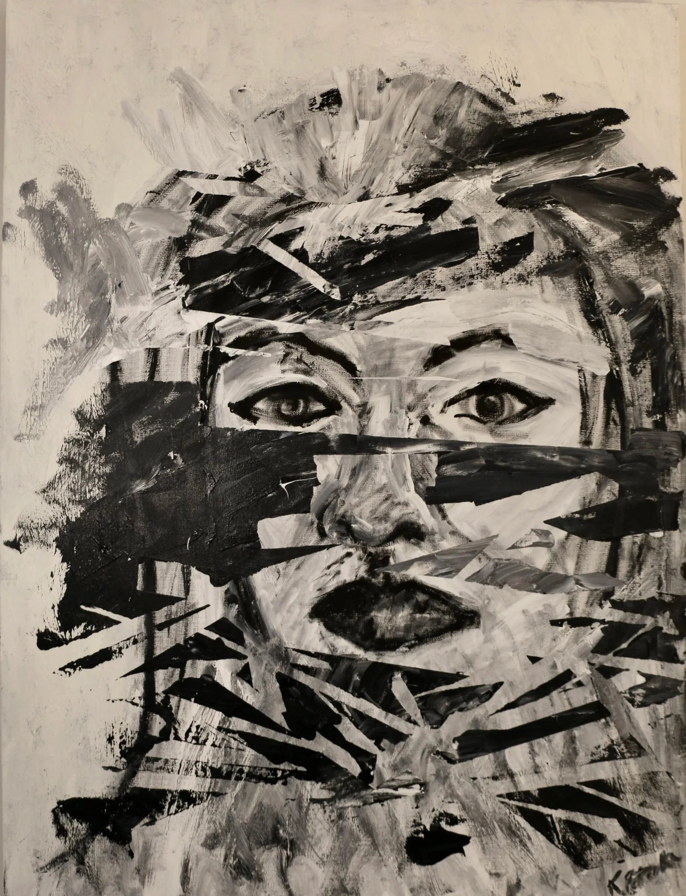 "In the Crosshairs" Black-and-white abstract/ figural multi-dimensional image of a woman with intense eyes and dramatic brushstrokes.