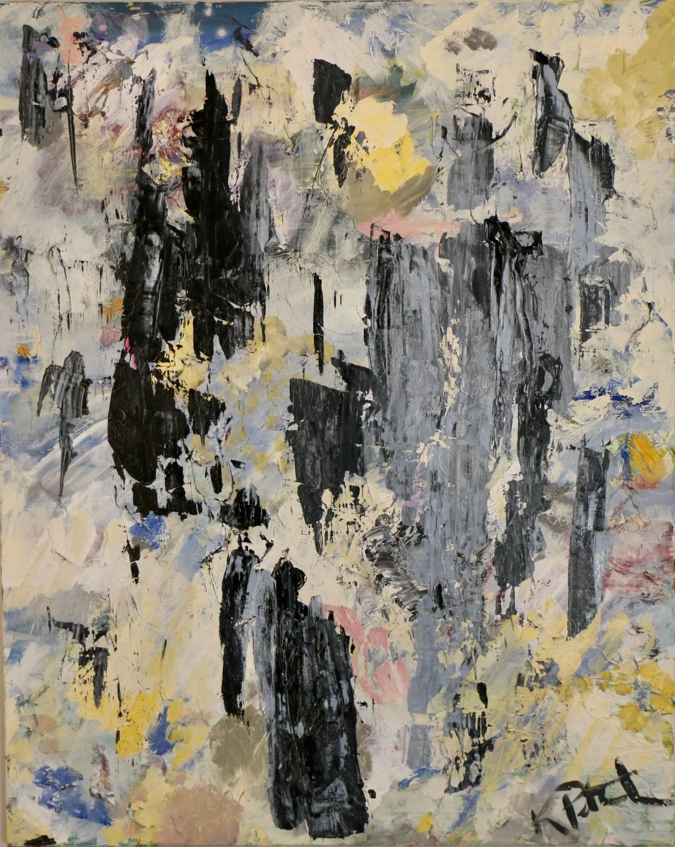 "Hope, Despair, and Hope." Original abstract impasto painting with heavy textural layering and pale yellows, pinks, blues and whites.