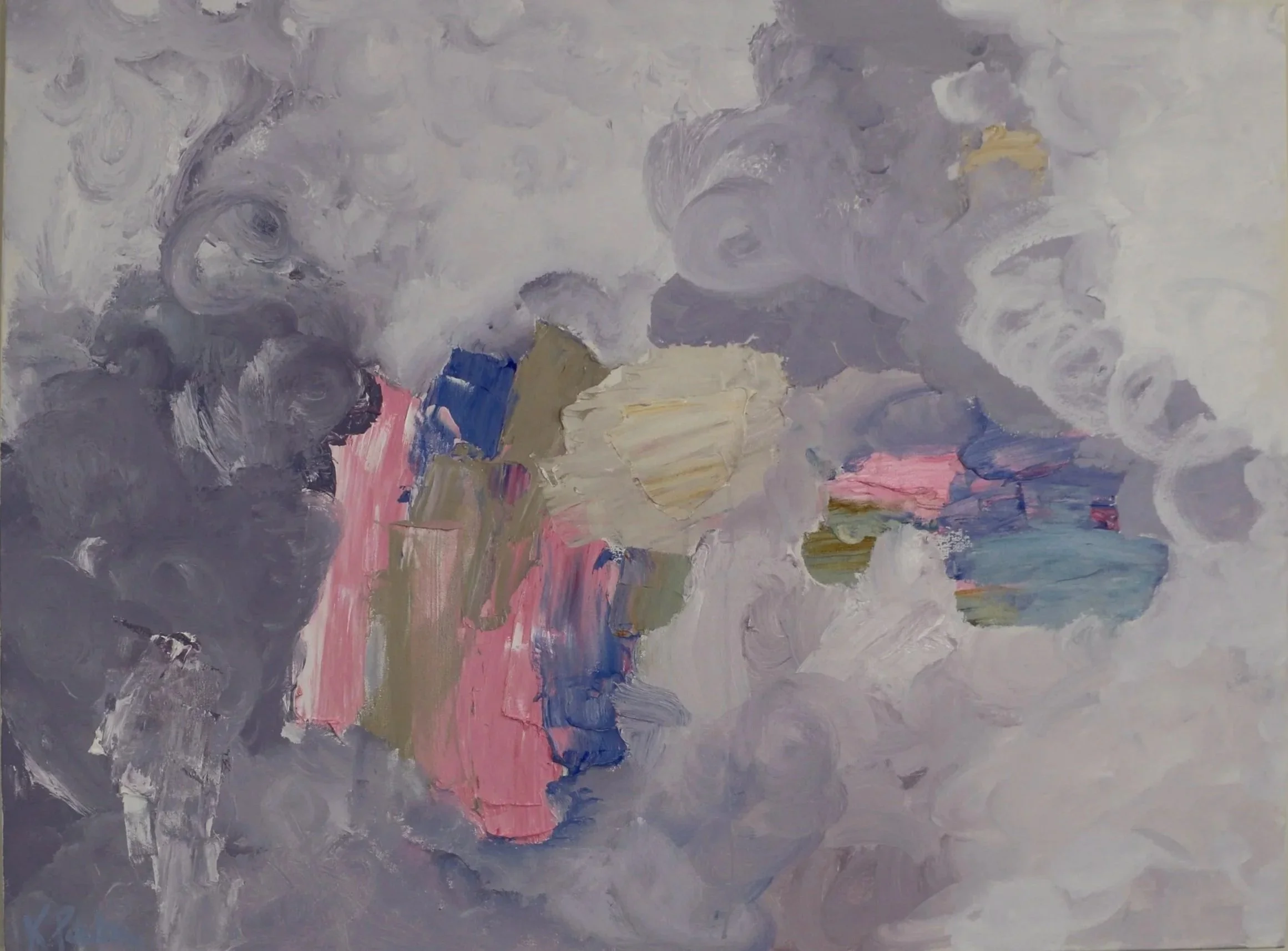 "It's Not All Darkness" Original abstract painting with layered gray, muted lavender, pink, blue, olive, and cream brushstrokes.