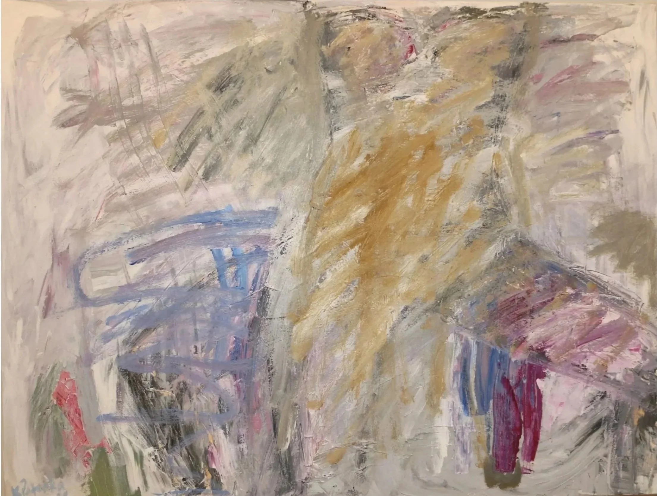"On the Outside of the Inside" Expressive abstract painting with female figure in warm, pale tones and intense crimson.