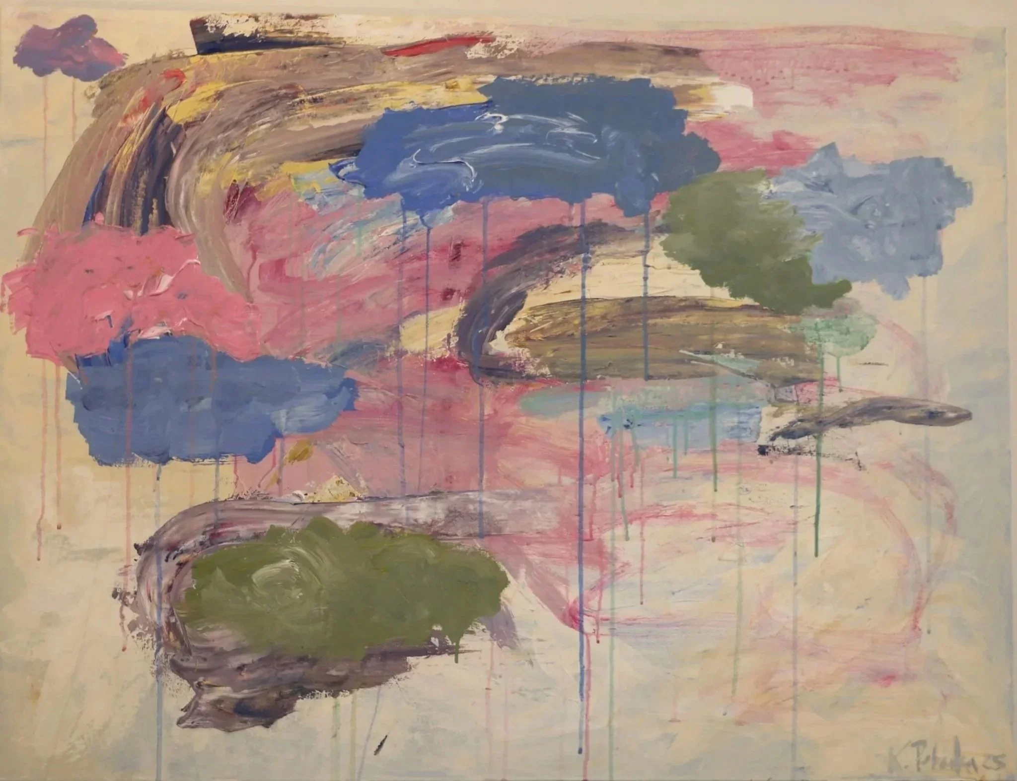 "Disintegration" Abstract contemporary painting with layered pink, blue, green, yellow, and gray brushstrokes, drips, and gestural lines on a pale background.