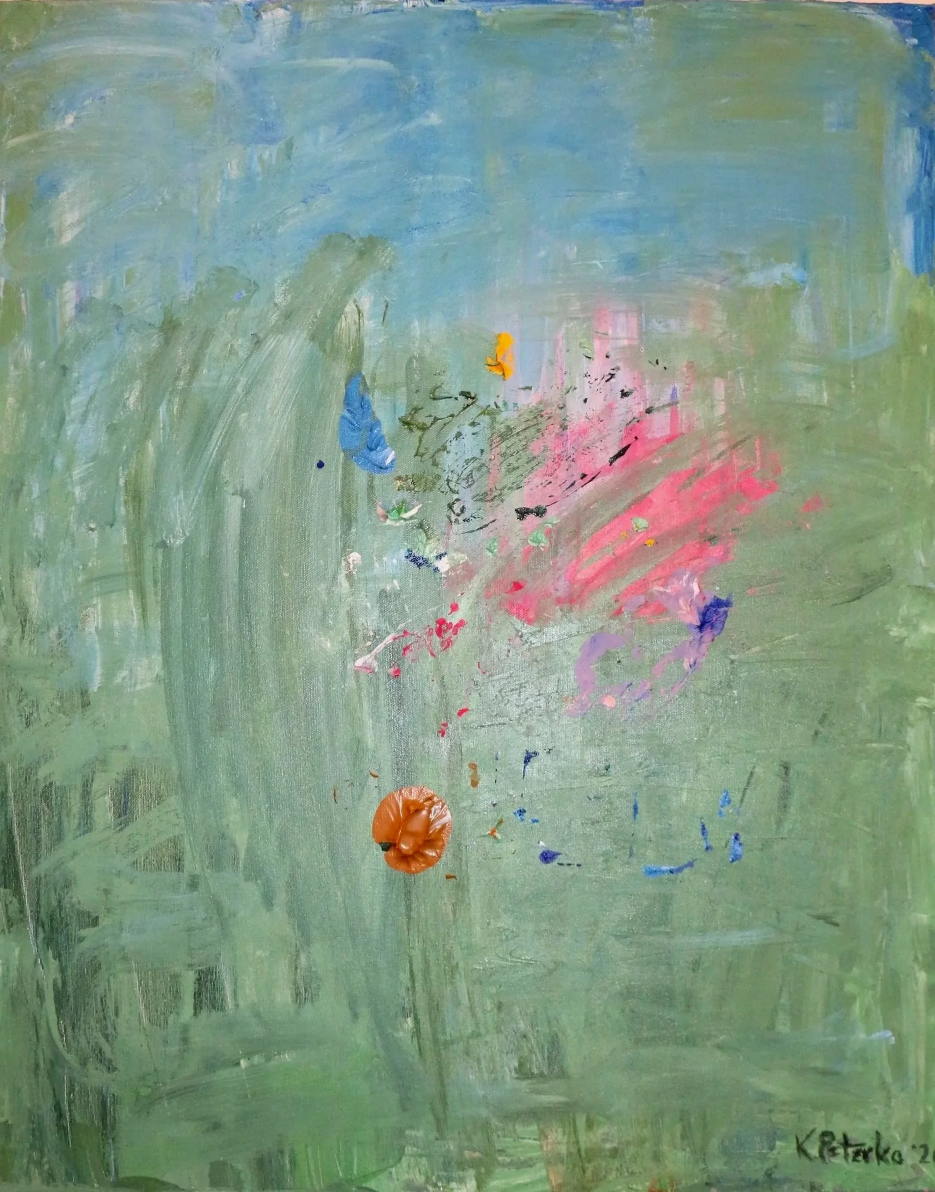 "Internal Spring" Abstract painting in soft green and blue tones with pink, orange, purple, and black textured brushstrokes.