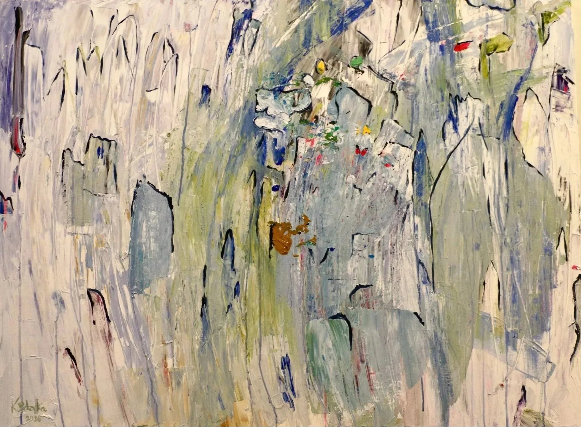 "View from the Clouds" Abstract impressionist painting hinting at pale blue and green flowers in a garden and a butterfly, with expressive black outlines and colorful brushstrokes.