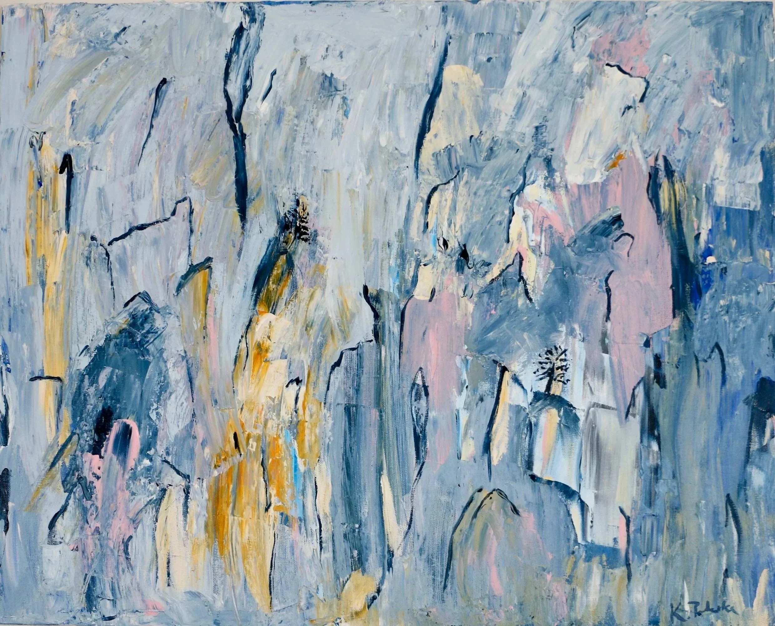 "On Fire" Abstract expressionist painting in blue, lavender, white, gold, and pink with layered brushstrokes and dark gestural lines.