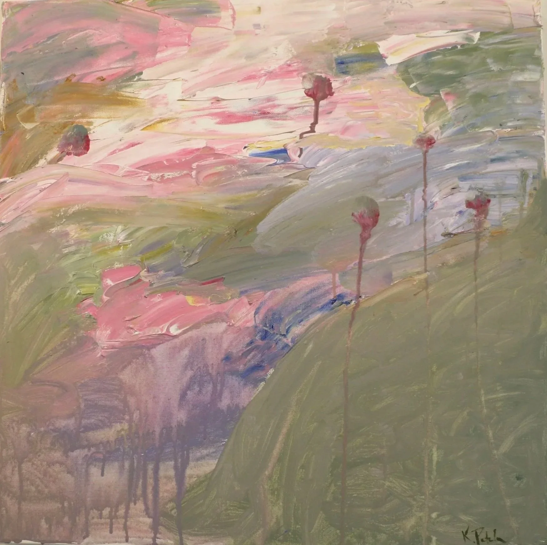 "The Other Side" Abstract landscape-ish painting with sweeping pink, green, gray, and blue brushstrokes that appear like an ethereal sunset.