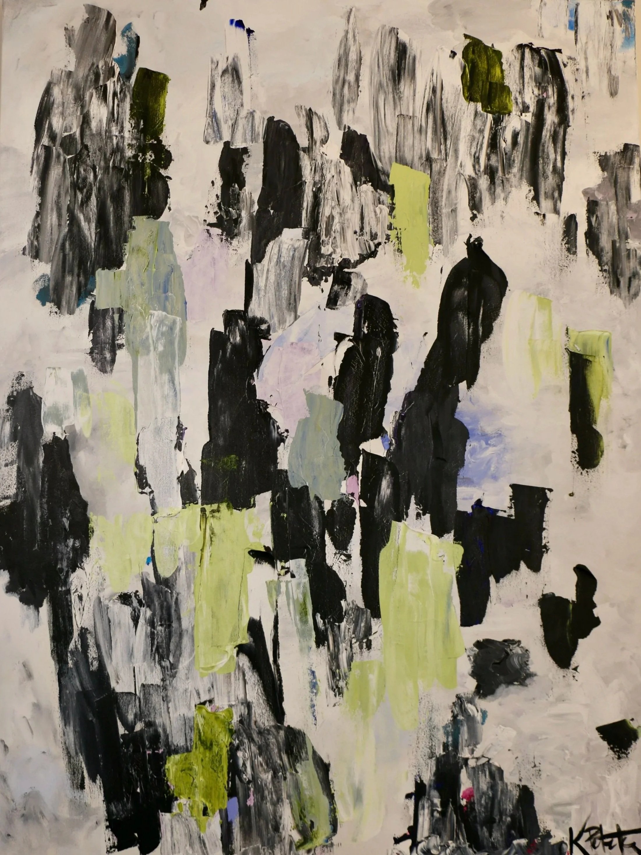 "Search and Rescue" Abstract impasto painting with black, gray, white, lime green, and blue vertical strokes.