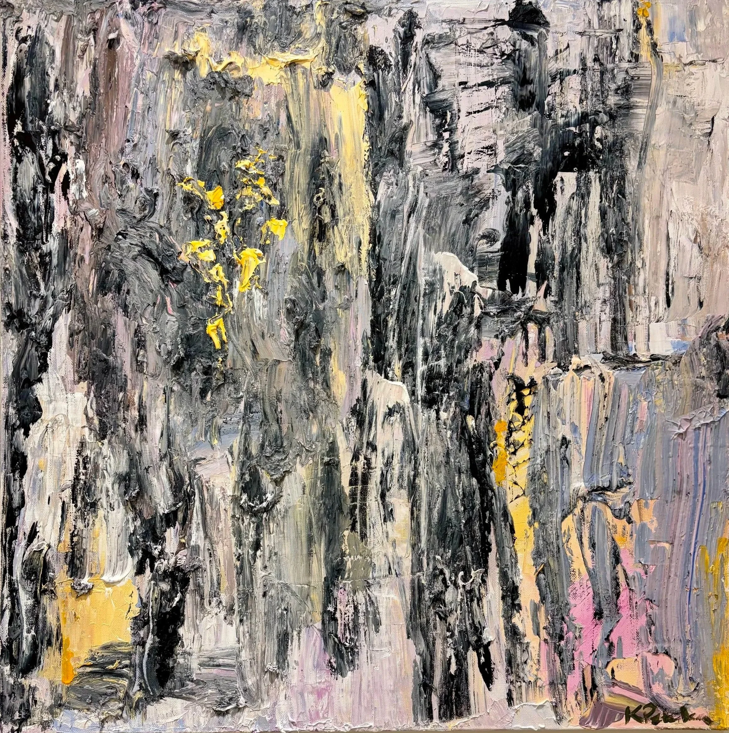 "Beyond the Cold" Abstract impasto painting with layered gray, black, white, yellow, pink, and marigold brushstrokes.