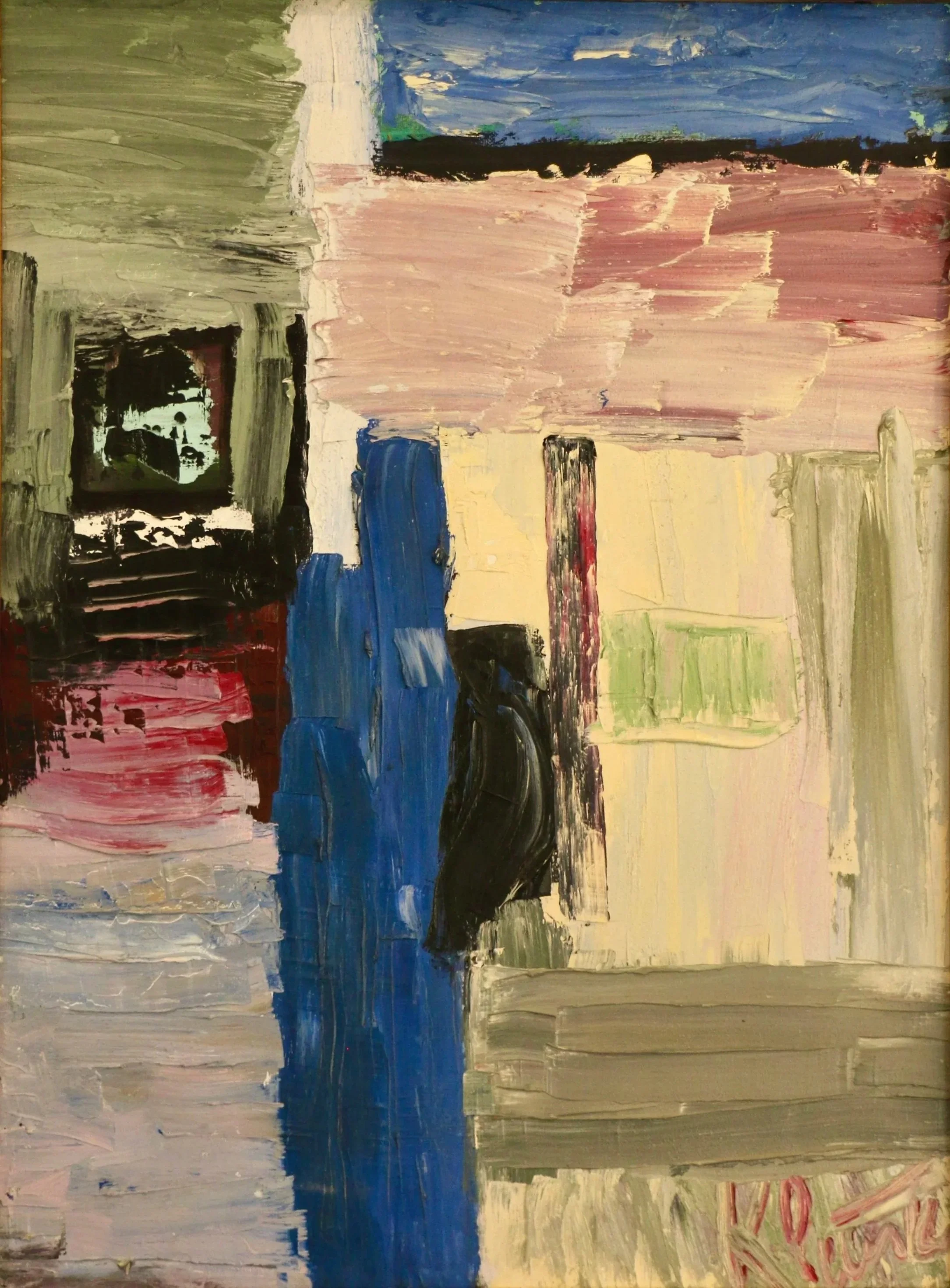 "In My Room" Abstract geometric painting with layered brushstrokes in blue, pink, green, black, and cream.
