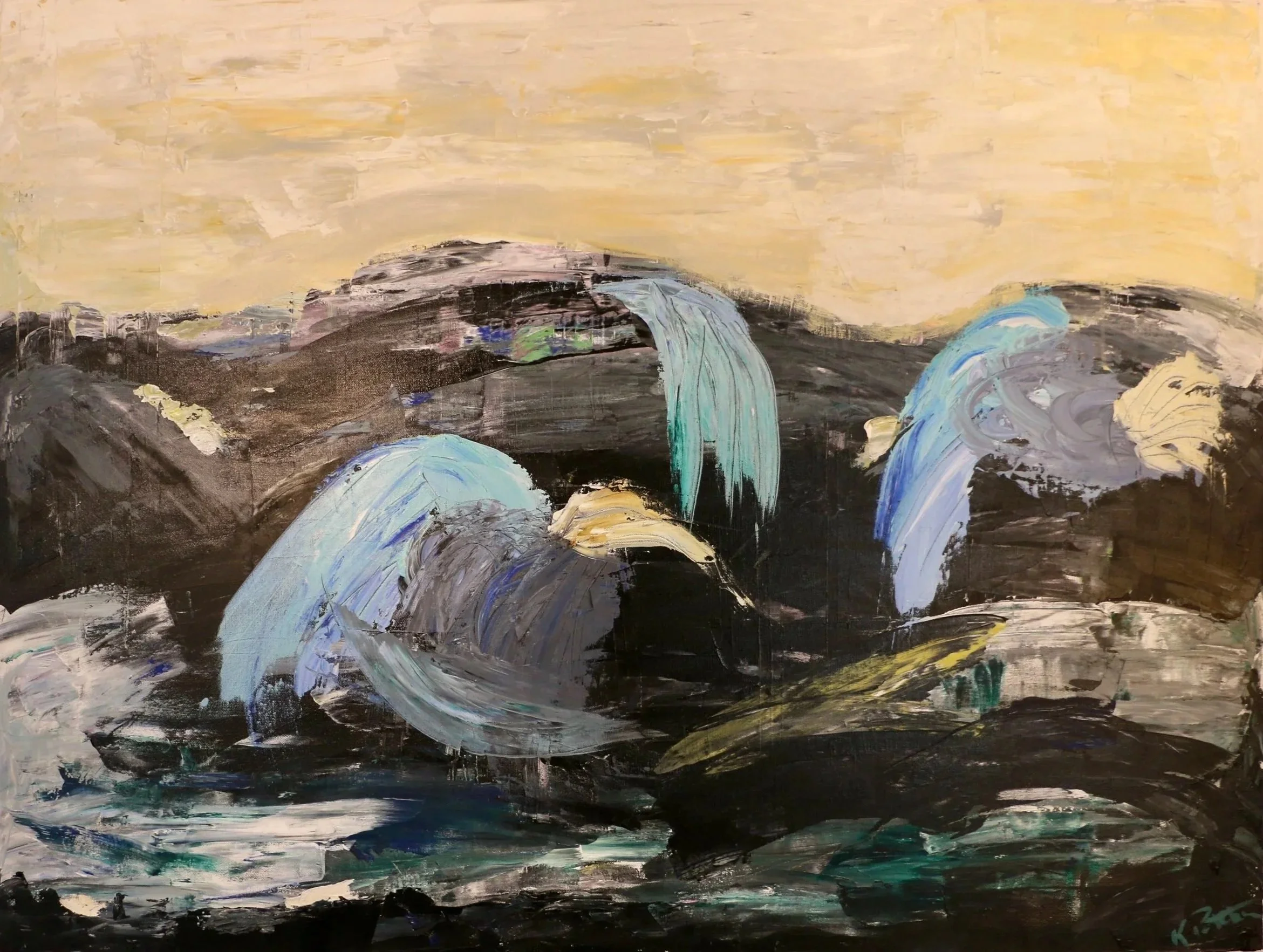"Falling Off the Edge" Abstract painting of mountainous waves of dark water beneath a pale yellow sky.