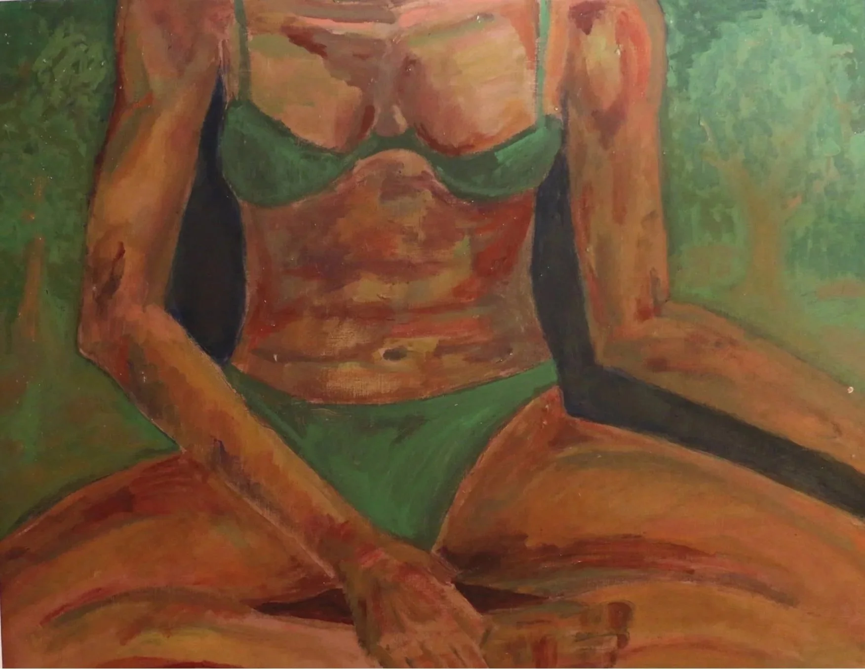 "Beginning of Things" Abstract painting of a seated, partially nude figure wearing green underwear against a green treefilled background.