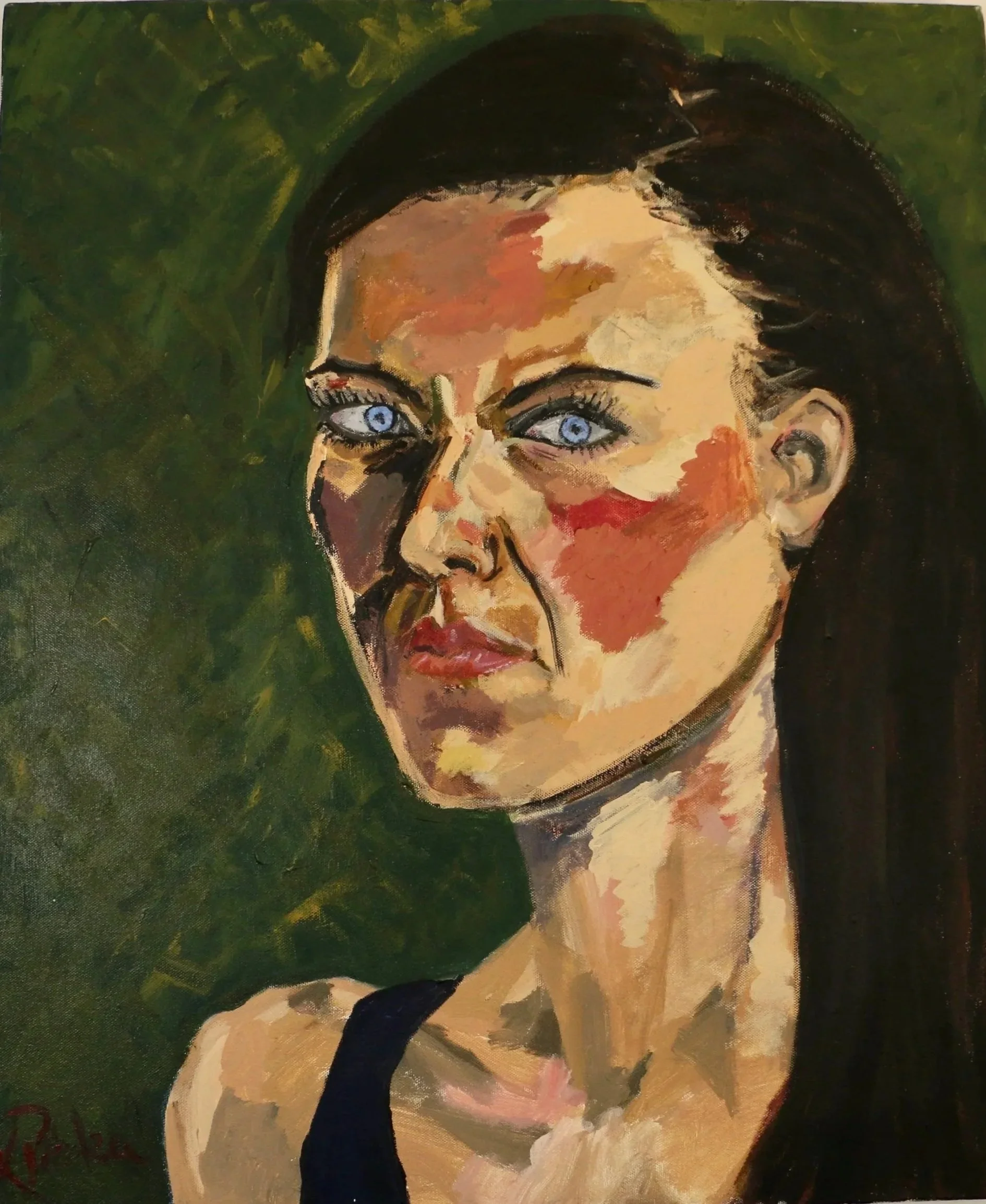 "What Lies Beneath" Artistic expressionistic self-portrait of a woman with blue eyes, dark hair, and a green background.