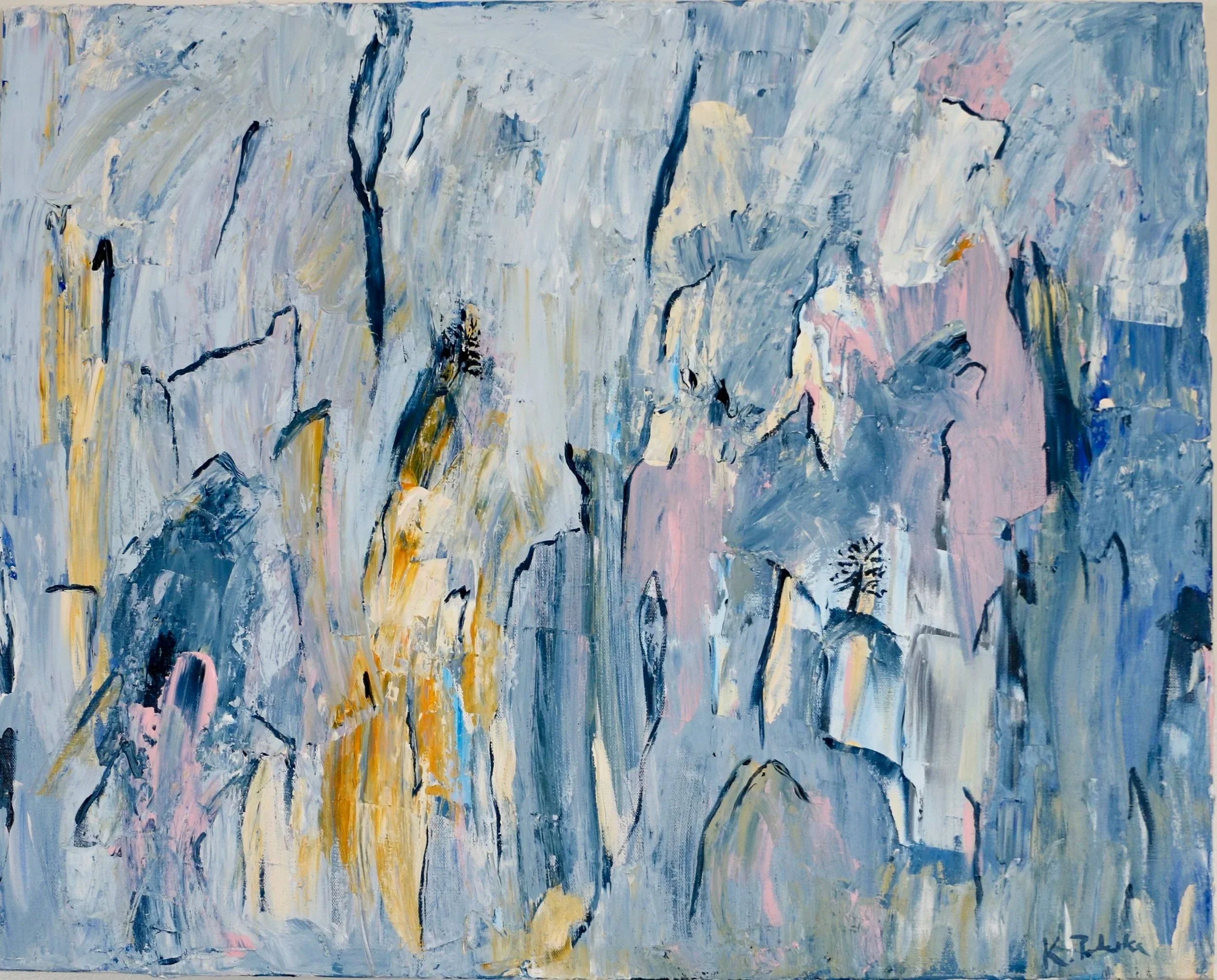 Abstract expressionist painting that hints of landscape with layered blue, gray, pink, white, and gold brushstrokes and detail.