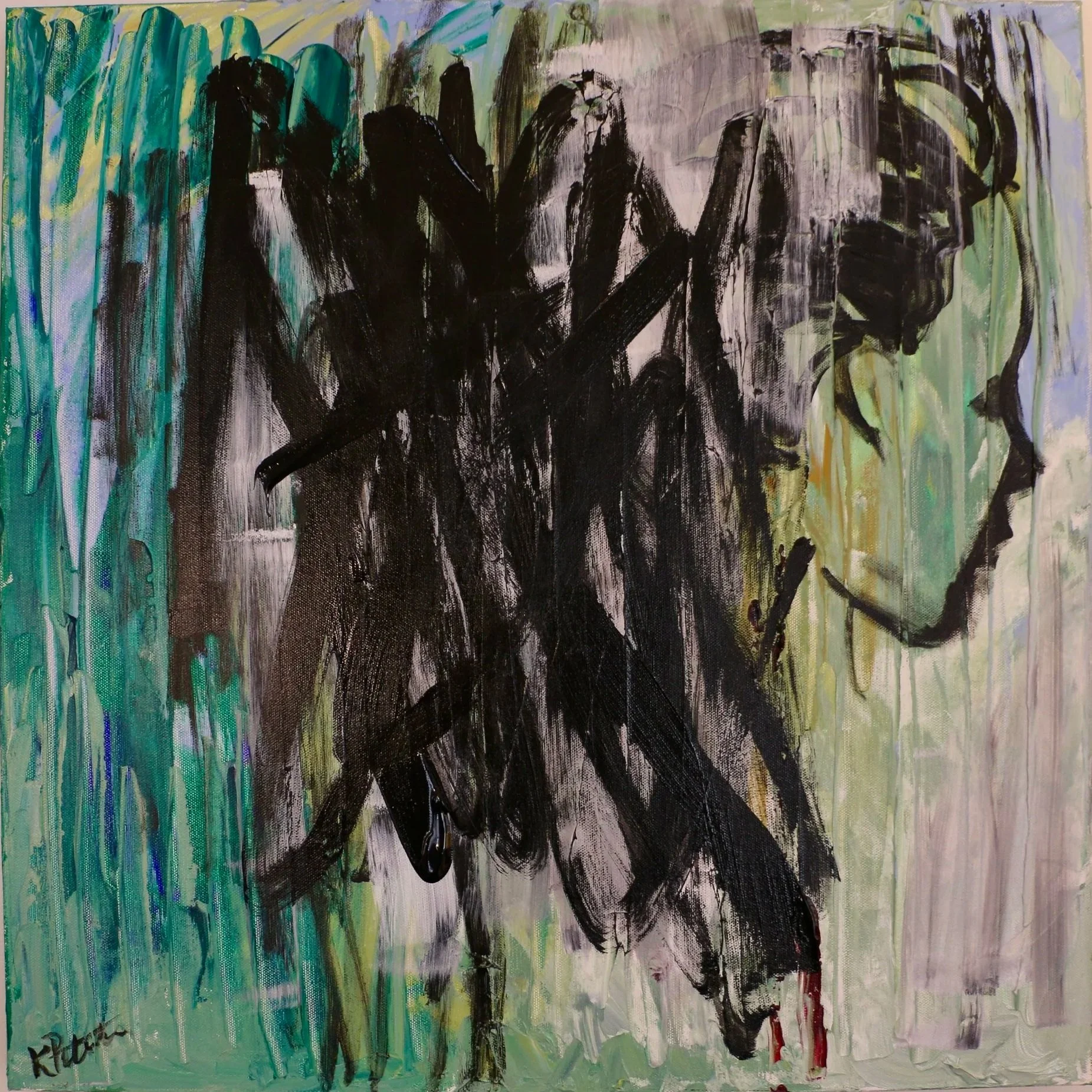 Abstract expressionist painting with bold black strokes over teal, muted lavender, gray, and pale green brushwork. The face of a woman in silhouette emerges from abstraction.