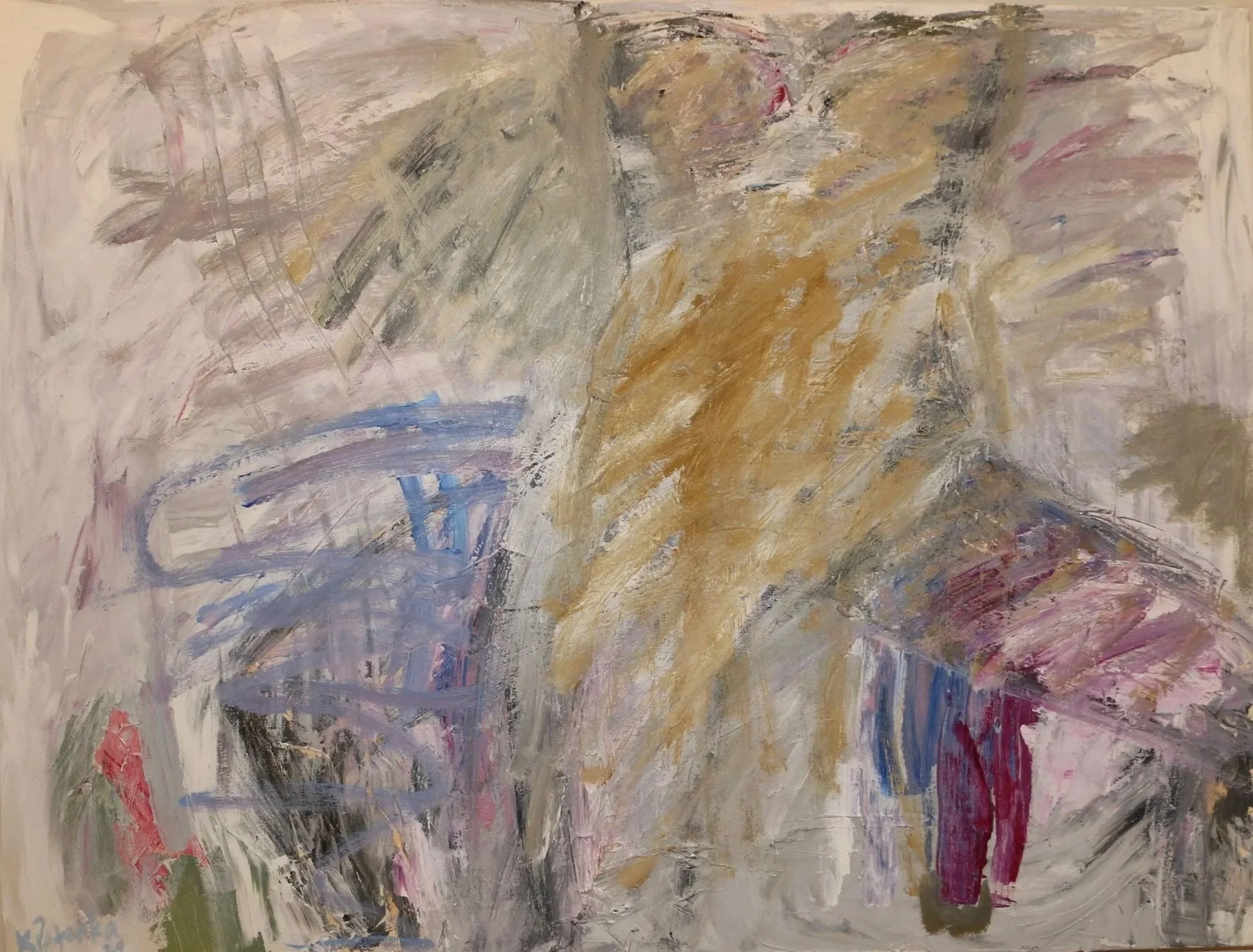 Large abstract painting with expressive layered brushstrokes in muted gray, beige, ochre, blue, pink, and burgundy tones.