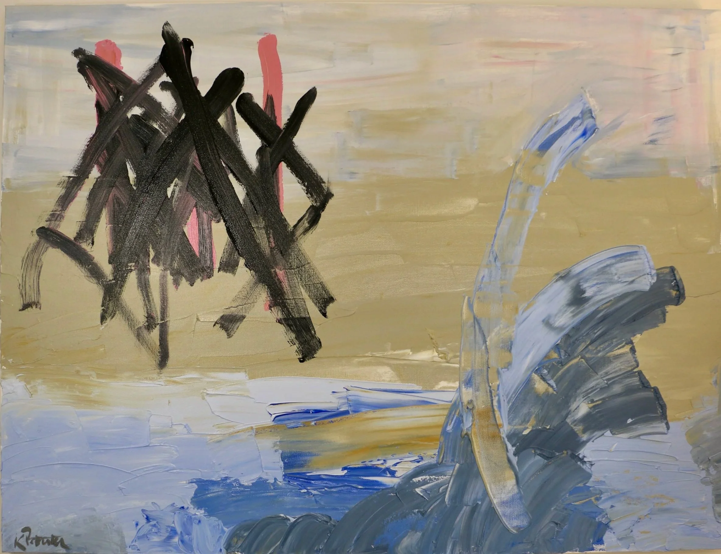 "Awake and Dreaming" Original Abstract Painting with pastel blues, sand tones, and intense black and pink brushstrokes