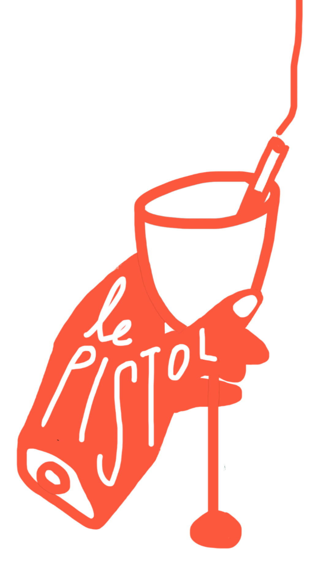 Illustration of a hand holding a cocktail glass with a straw, with a bottle labeled "le PICOL" in orange and white colors.