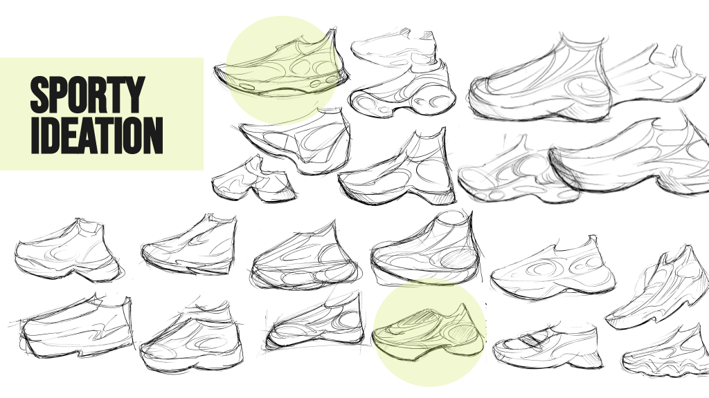 Multiple sketch drawings of athletic shoes and sneakers with a green label reading "Sporty Ideation".