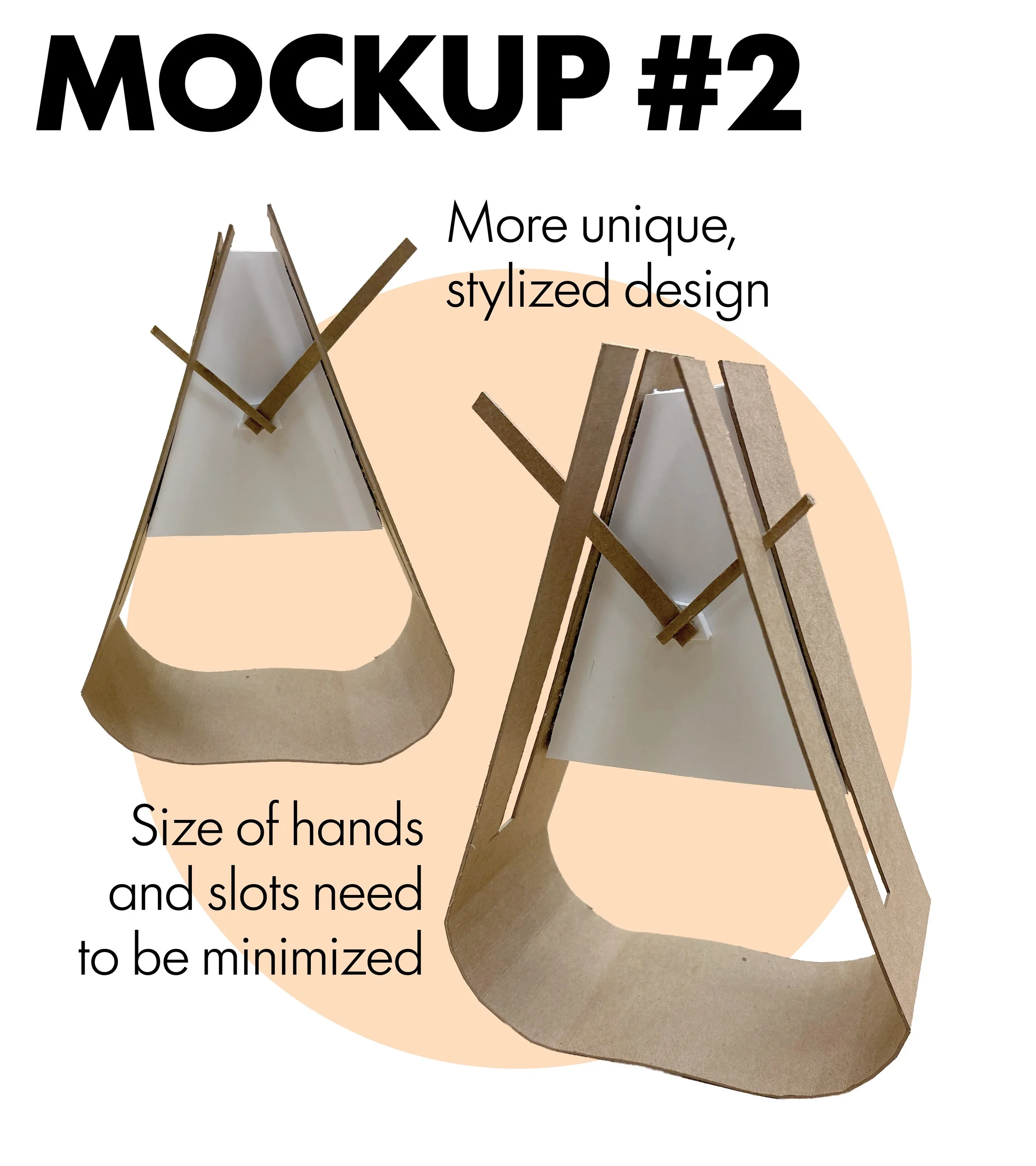 Three cardboard and wood miniature tables or chairs with text overlay discussing size, hands, and slots needed to be minimized.