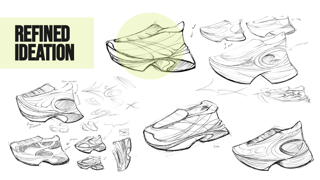 Sketches of sneaker shoe designs with notes and concept ideas, labeled 'Refined Ideation'.