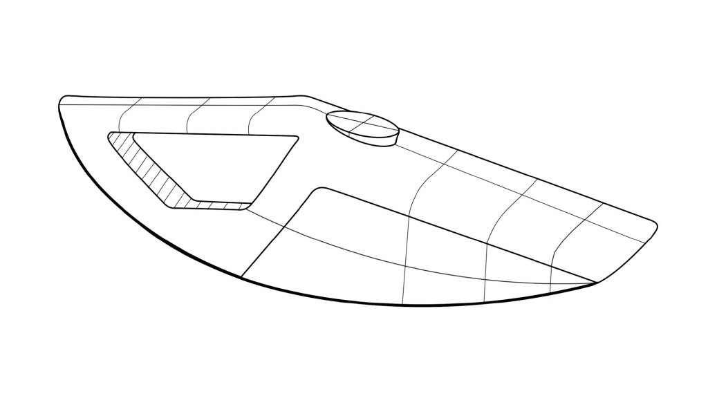 Line drawing of a handheld sewing iron with a curved handle and a flat pressing surface.
